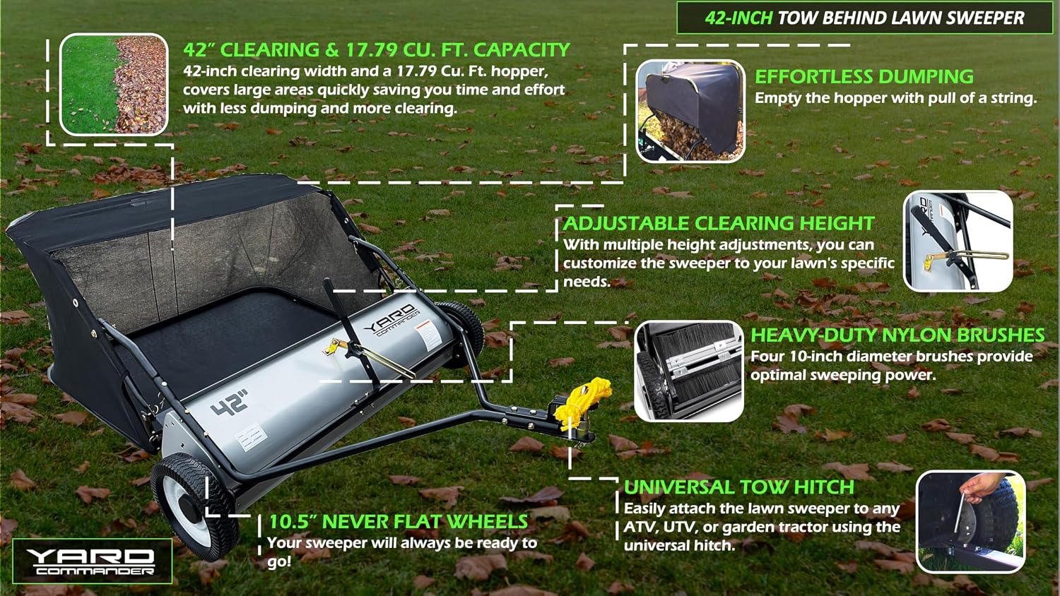 Yard Commander - 42-Inch Tow-Behind Lawn Sweeper, 10' Nylon Brushes, Universal Tractor/ATV Hitch, Never-Flat Wheels, Adjustable Height, 1-Year Warranty, Ideal for Leaves, Grass & Debris