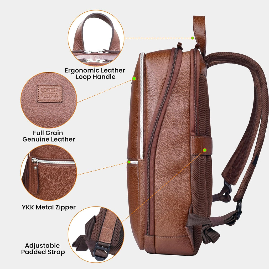 LEATHER VILLAGE Leather Laptop Backpack for Men | Cognac Brown | Slim Professional Business Bag Fits 15.6'-Laptop | Water-Repellent Work & Travel Daypack with Trolley Strap
