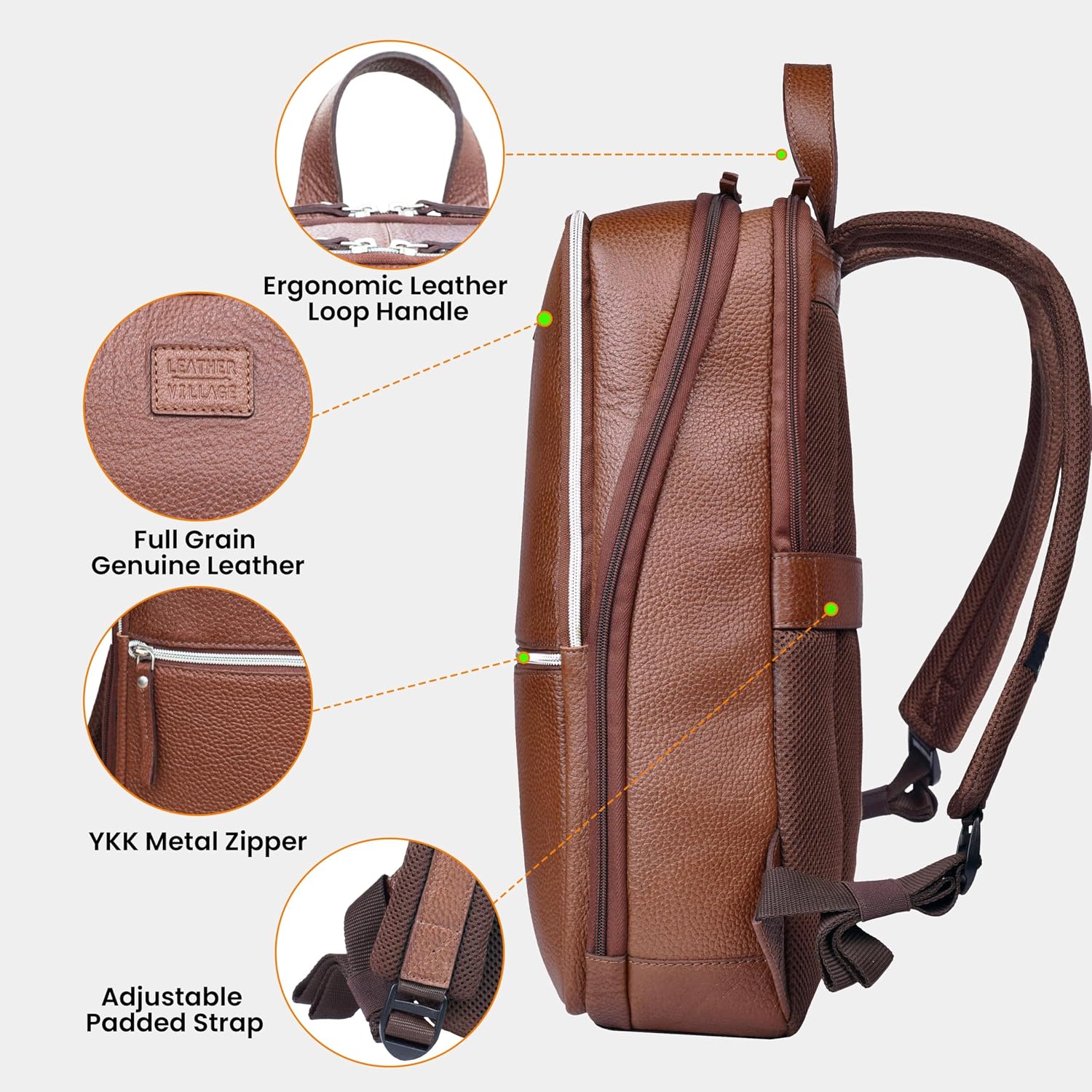 LEATHER VILLAGE Leather Laptop Backpack for Men | Cognac Brown | Slim Professional Business Bag Fits 15.6'-Laptop | Water-Repellent Work & Travel Daypack with Trolley Strap