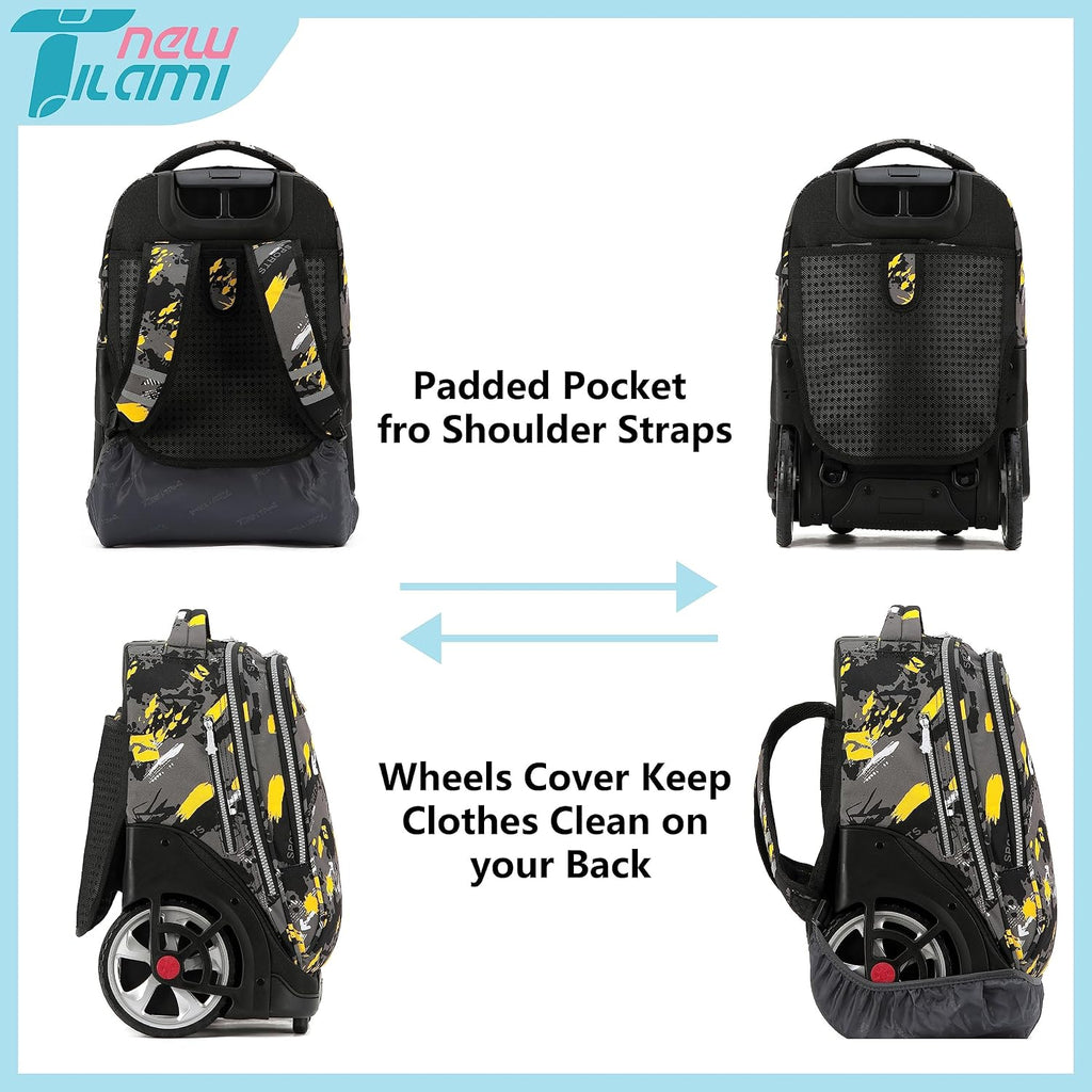 NEW TILAMI 19 Inch Rolling Backpack with Lunch Bag for Girls Boys Wheeled Laptop Backpack Durable Carry-on Bag School Travel, Doodle Yellow