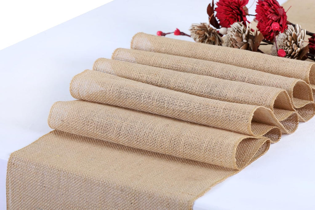 VDS Pack of 25, Burlap Table Runner 100% Natural Jute Rustic Hessian Table Cloth Centrepiece for Wedding Bridal Shower Birthday Event Party Banquet Table Decoration (Size 12X108 Inch)(Natural Beige)