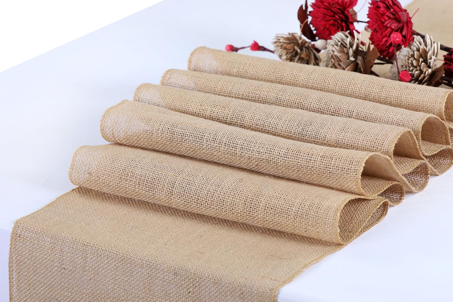 VDS Pack of 25, Burlap Table Runner 100% Natural Jute Rustic Hessian Table Cloth Centrepiece for Wedding Bridal Shower Birthday Event Party Banquet Table Decoration (Size 12X108 Inch)(Natural Beige)