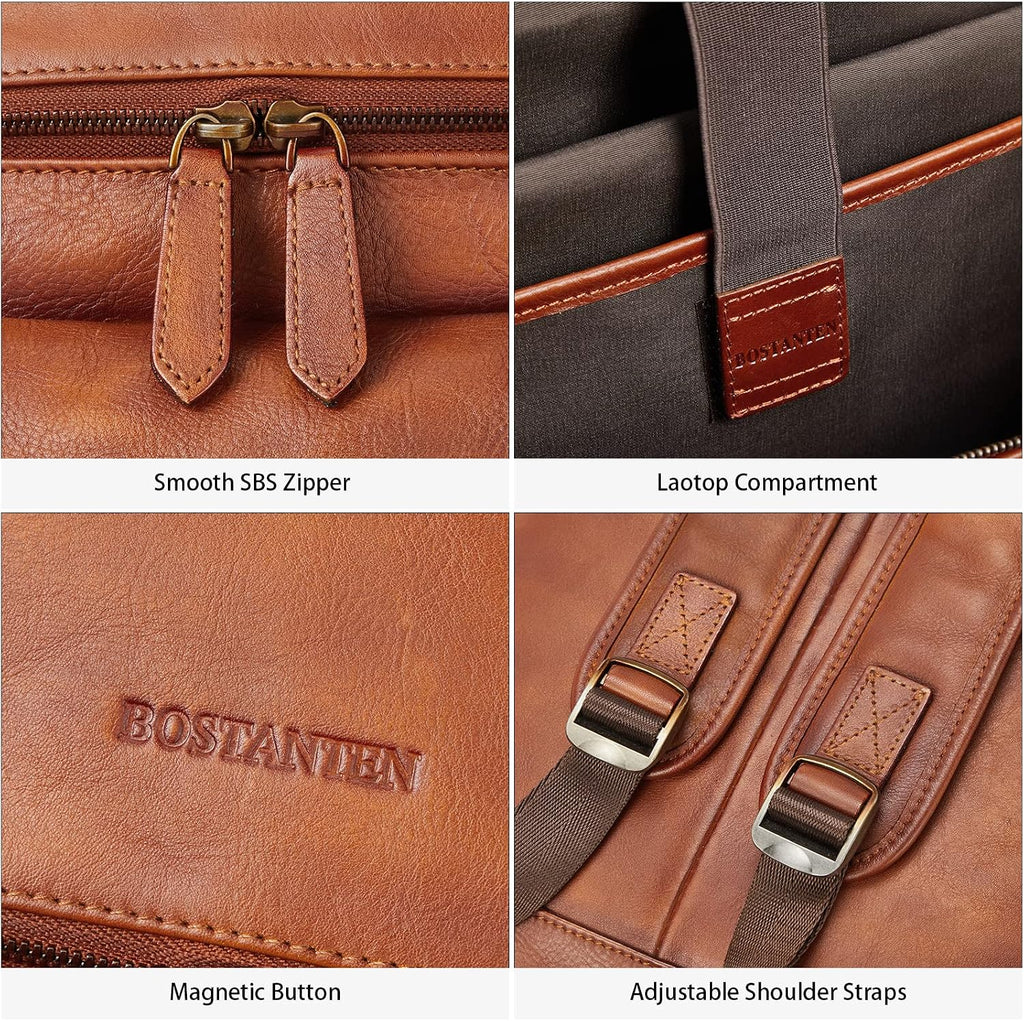 BOSTANTEN Leather Backpack for Men 15.6 inch Laptop Backpack Vintage Travel Office Bag Large Capacity Shoulder Bag Redbrown