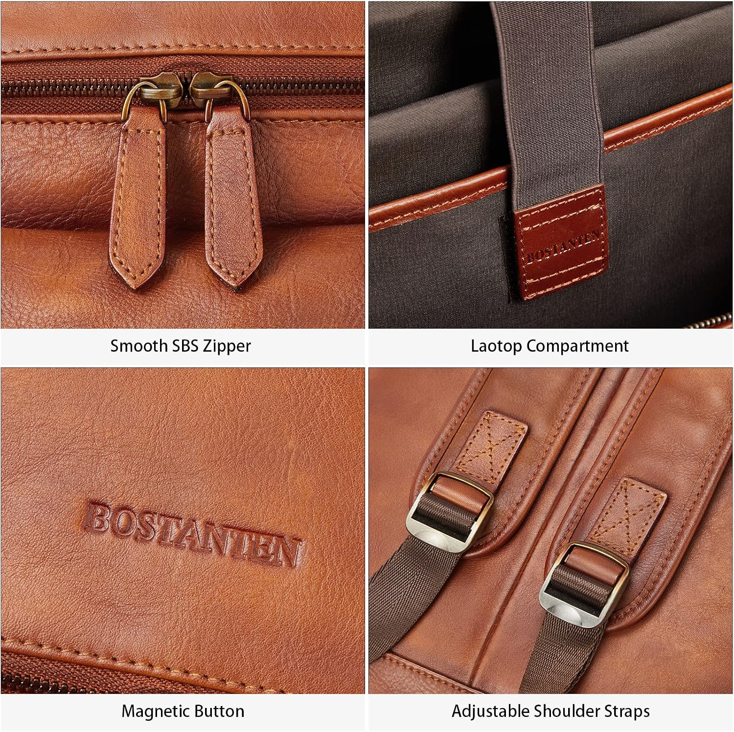 BOSTANTEN Leather Backpack for Men 15.6 inch Laptop Backpack Vintage Travel Office Bag Large Capacity Shoulder Bag Redbrown