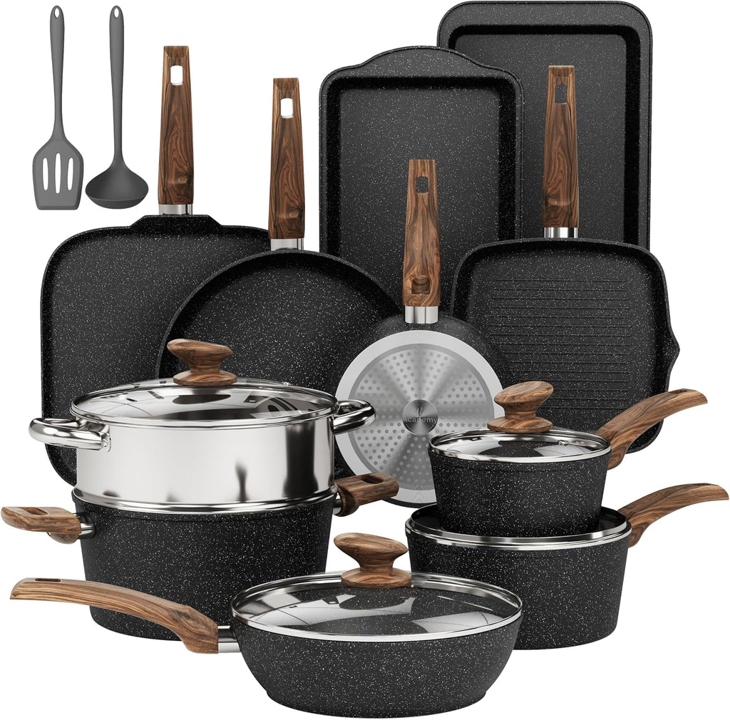 DishDelight Pots and Pans Set Non Stick, 17 Pieces Granite Kitchen Cookware Sets with Nonstick Granite Coating, Induction Cooking Set, Black