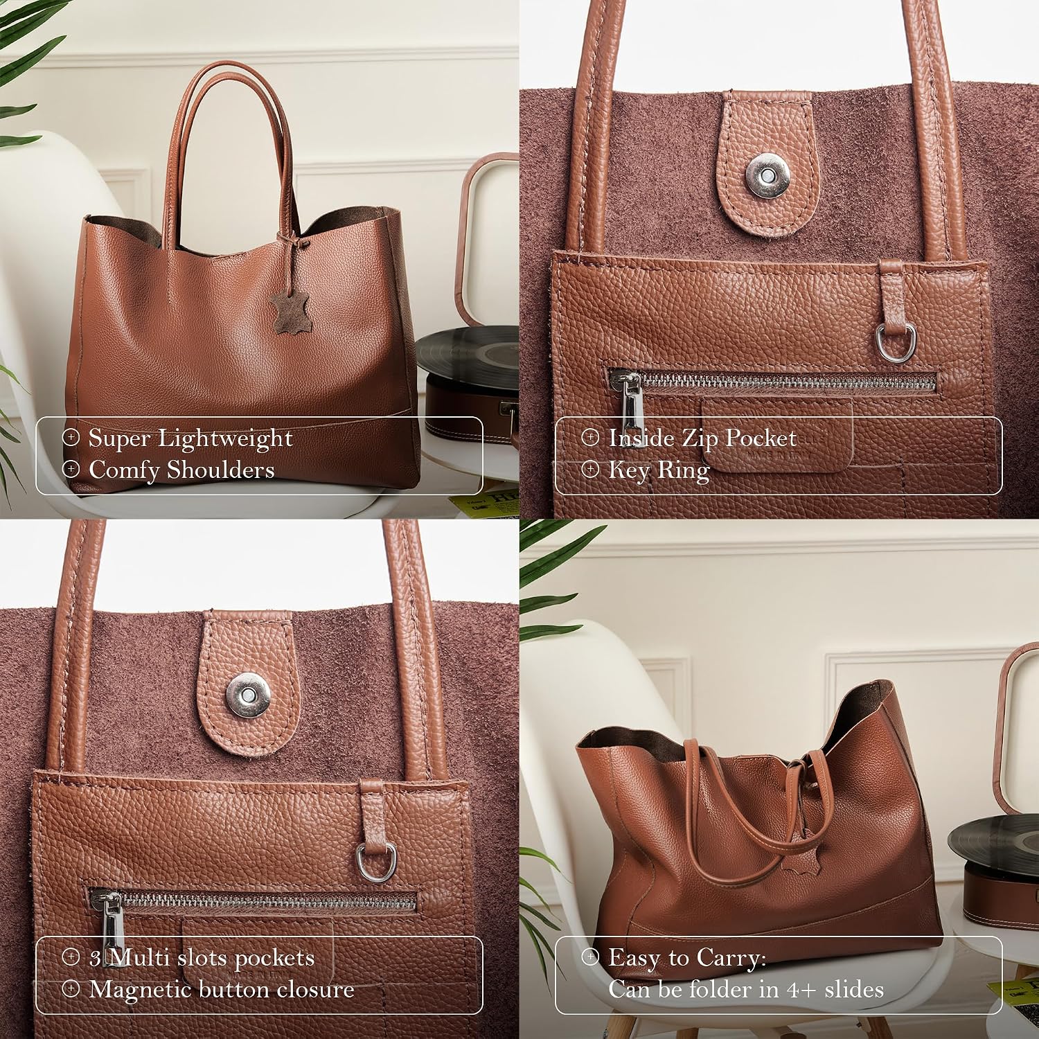 Italian Leather Tote Bag for Women - Large Shoulder Shopper, Fits 16' Laptop, Keychain Holder, Made in Italy