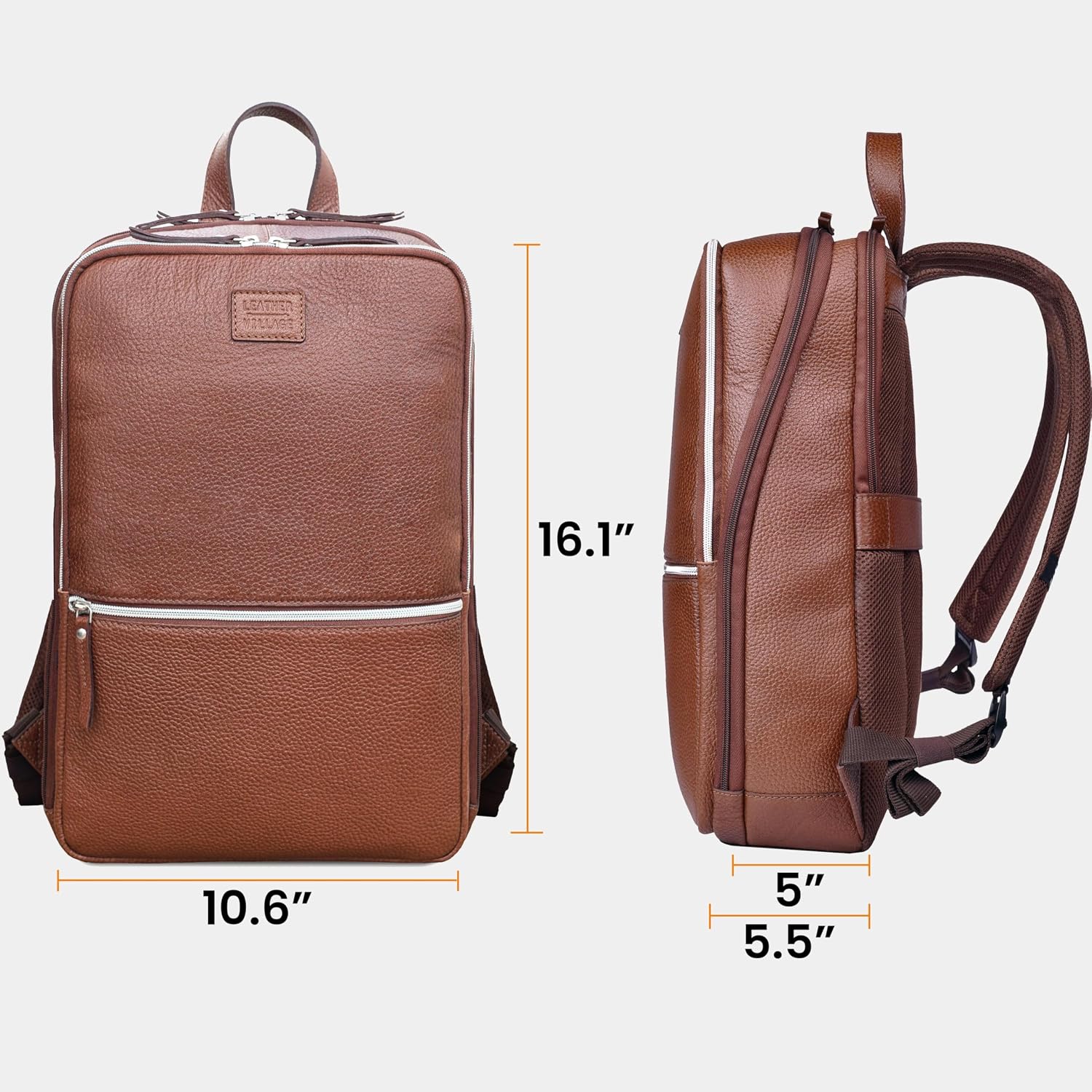 LEATHER VILLAGE Leather Laptop Backpack for Men | Cognac Brown | Slim Professional Business Bag Fits 15.6'-Laptop | Water-Repellent Work & Travel Daypack with Trolley Strap