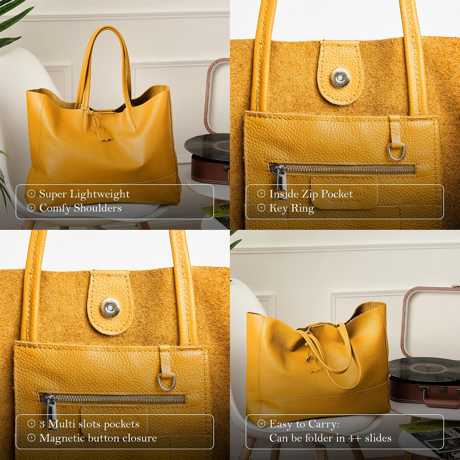 Italian Leather Tote Bag for Women - Large Shoulder Shopper, Fits 16' Laptop, Keychain Holder, Made in Italy