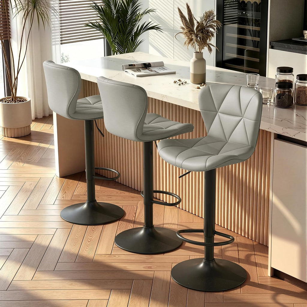 Nalupatio Modern Bar Stools Set of 3, Adjustable Faux Leather Upholstered Swivel Bar Stools, Counter Height Bar Chairs with Back for Kitchen Island, Light Grey