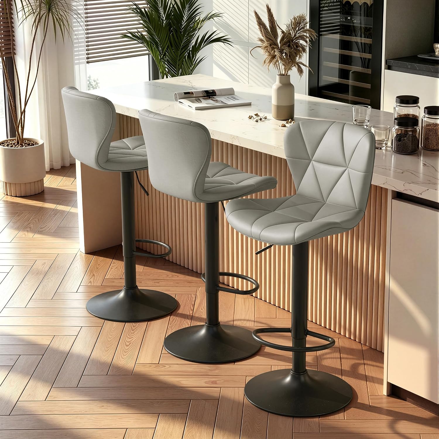 Nalupatio Modern Bar Stools Set of 3, Adjustable Faux Leather Upholstered Swivel Bar Stools, Counter Height Bar Chairs with Back for Kitchen Island, Light Grey