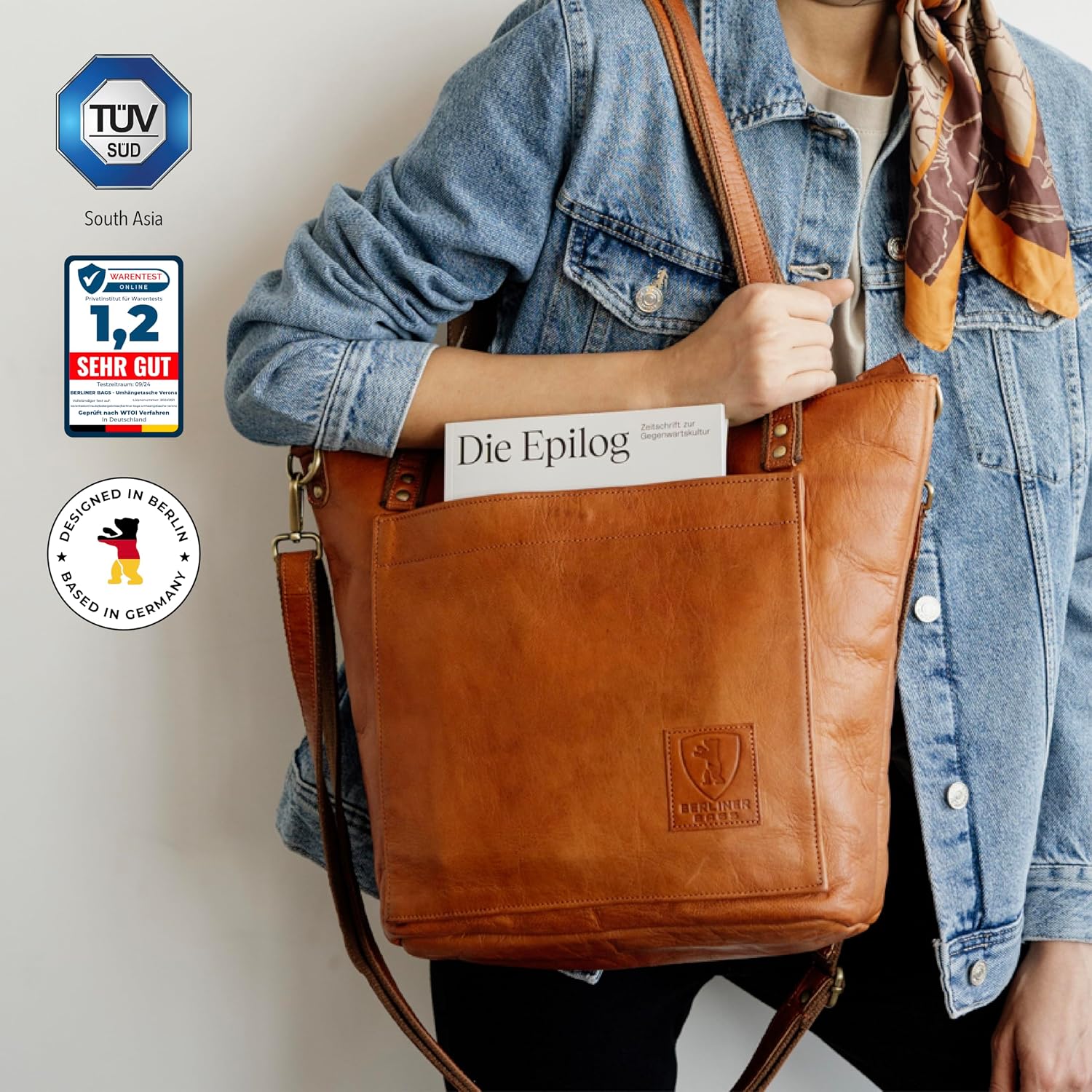 BERLINER BAGS Vintage Genuine Leather Tote Bag Verona, Handbag, Large Shopper, Work Bag for Women