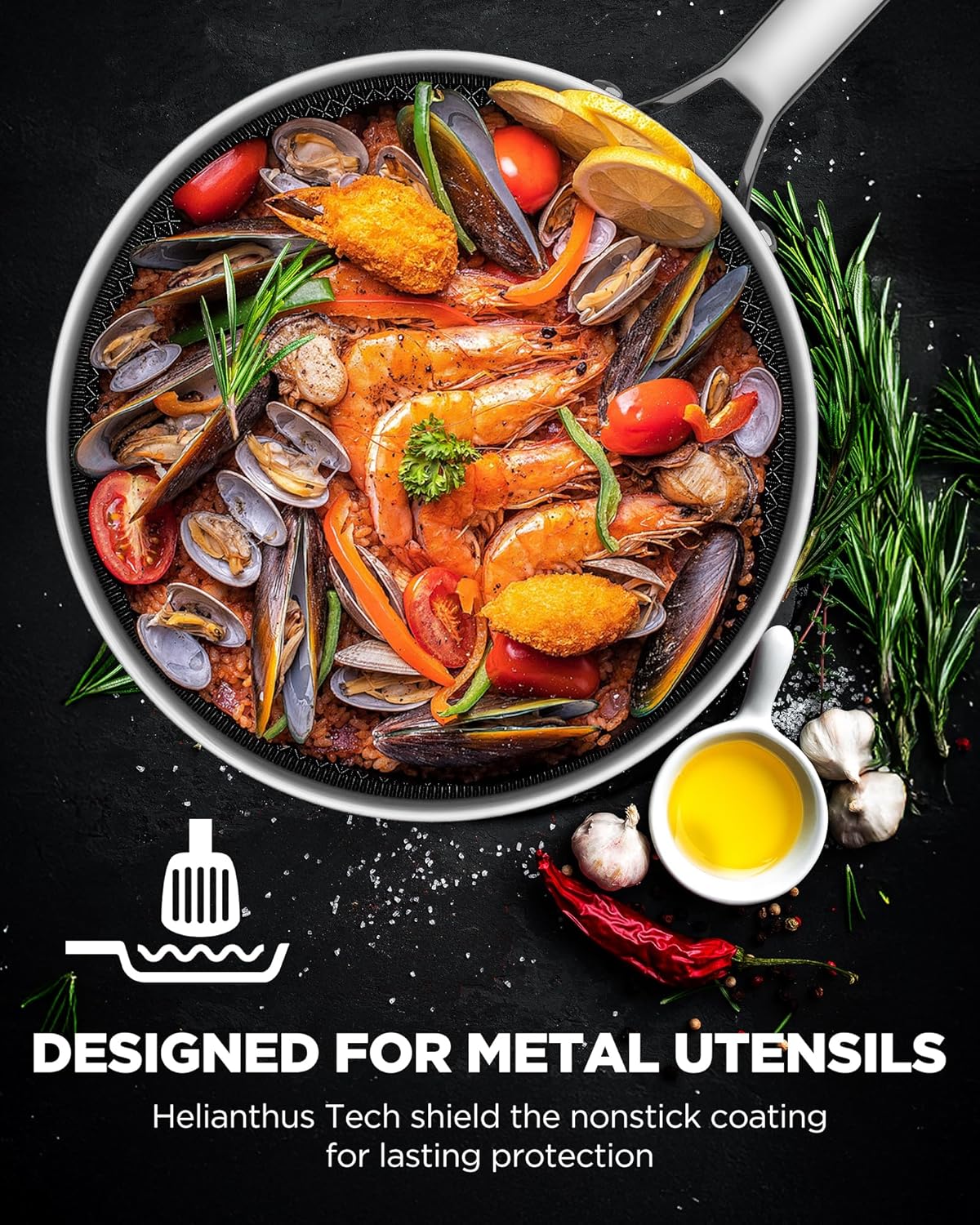 Pots and Pans Set Hybrid Stainless Steel, 17PC Nonstick Tri-Ply Cookware Set w/Frying pan, Dishwasher & Oven Safe, PFOA-Free, Metal Utensil Safe, Suitable for All Cooktops