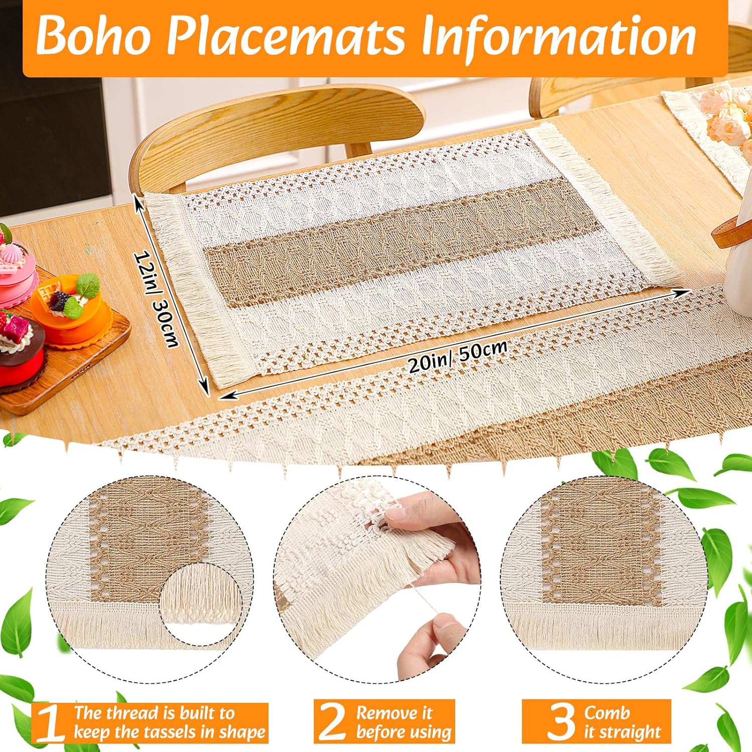 8 Sets Boho Decoration Placemats Round Woven Placemats, Cloth Napkins, Wood Bead Napkin Rings, Long Table Runner and Farmhouse Burlap Cotton for Table Kitchen (Khaki,12x108)