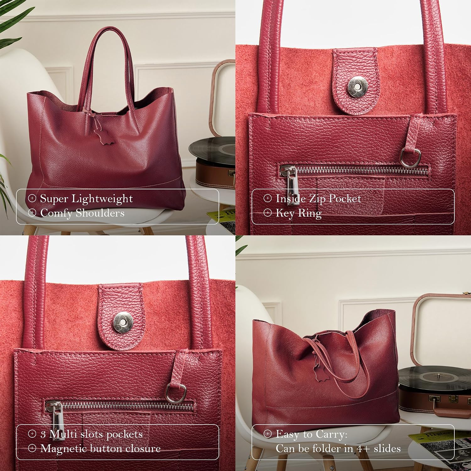 Italian Leather Tote Bag for Women - Large Shoulder Shopper, Fits 16' Laptop, Keychain Holder, Made in Italy