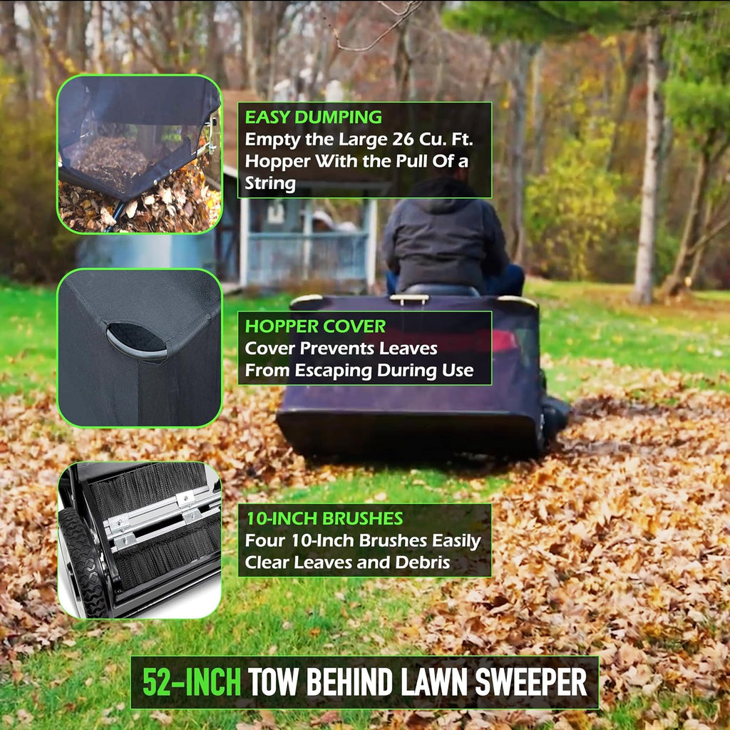 Yard Commander - 52-Inch Tow-Behind Lawn Sweeper, 10' Nylon Brushes, Universal Tractor/ATV Hitch, Never-Flat Wheels, Adjustable Height, 1-Year Warranty, Ideal for Leaves, Grass & Debris