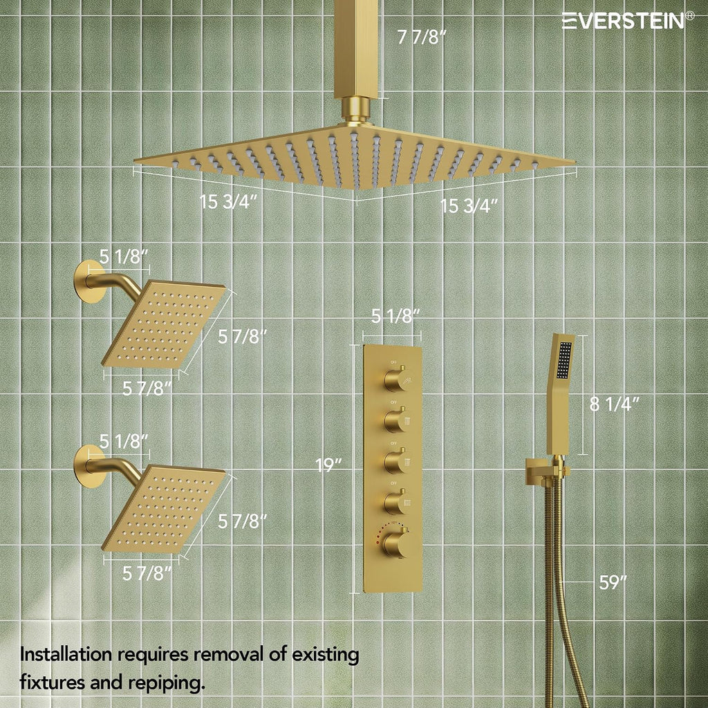 Thermostatic Shower system, 16, 6 in. Bathroom Shower Set Wall Mount Dual Shower Head Faucet in Brushed Gold