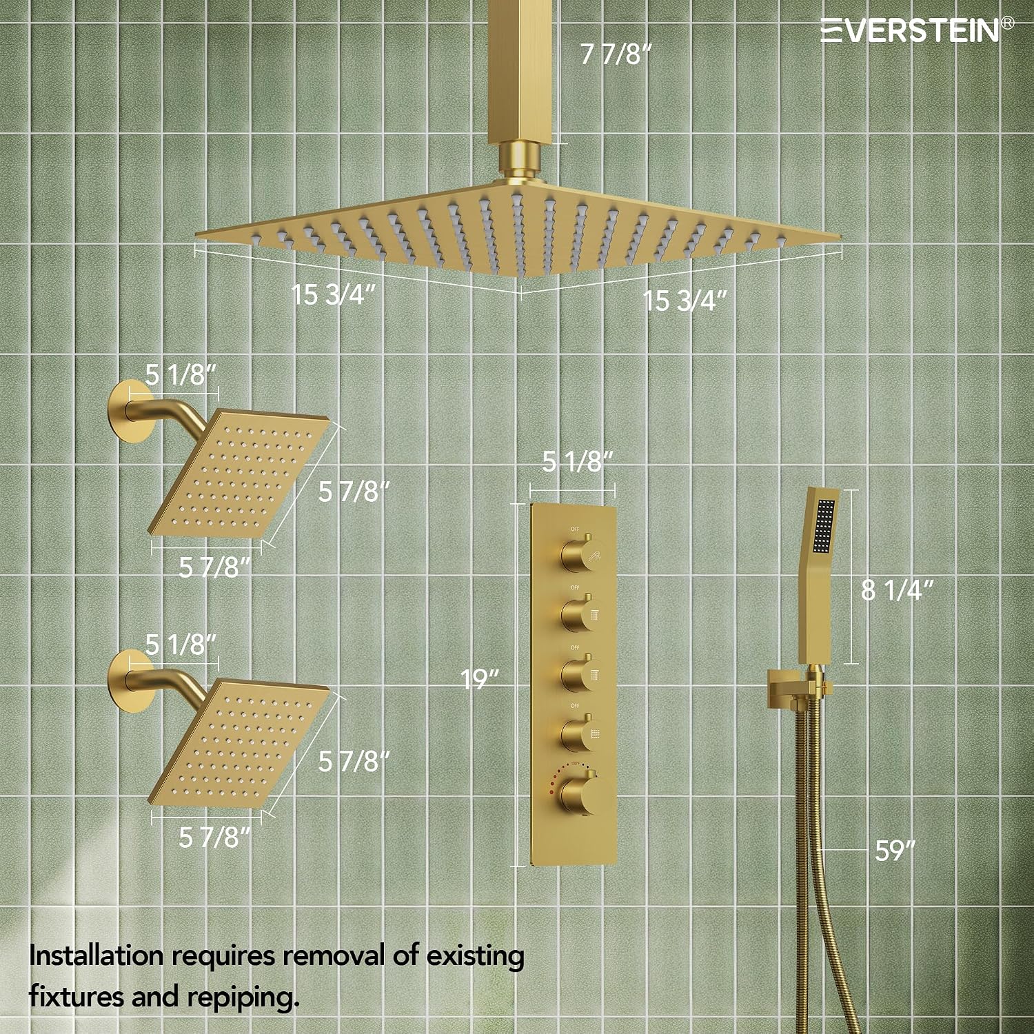 Thermostatic Shower system, 16, 6 in. Bathroom Shower Set Wall Mount Dual Shower Head Faucet in Brushed Gold