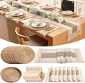 8 Sets Boho Decoration Placemats Round Woven Placemats, Cloth Napkins, Wood Bead Napkin Rings, Long Table Runner and Farmhouse Burlap Cotton for Table Kitchen (Khaki,12x108)