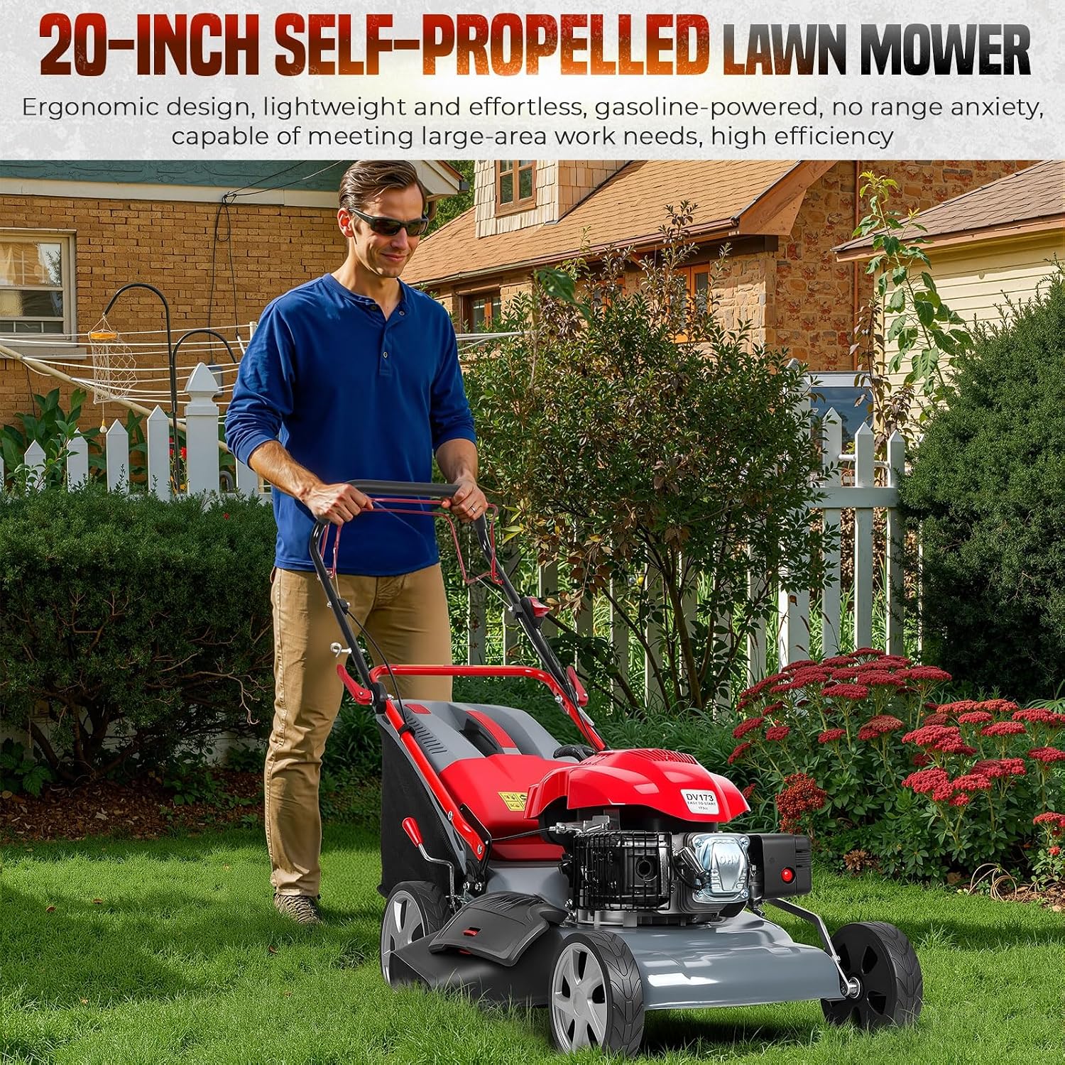cdar Self-Propelled Gas Lawn Mower, Gas Lawn Mower with 173cc Engine, 60L Grass Bag 20-Inch Cutting Width Adjustable Height Heavy-Duty Steel Deck for Yard Patio & Large Lawns Maintenance Red
