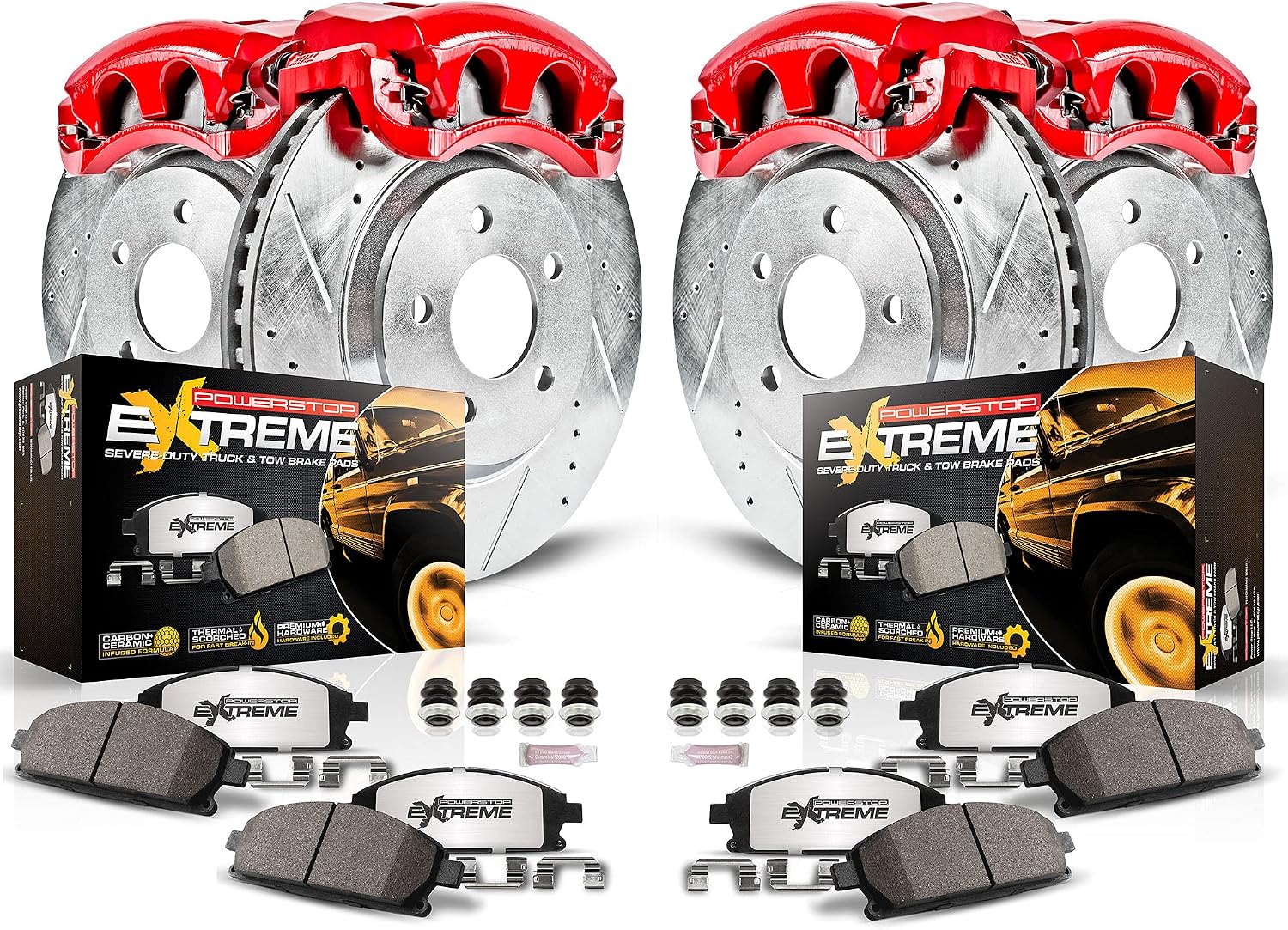 PowerStop Front and Rear Brake & Caliper Kit for Ford F-150 2012-18 - Drilled & Slotted Disc Rotors + Z36 Brake Pads + Red-Powder Coated Calipers, KC6268-36