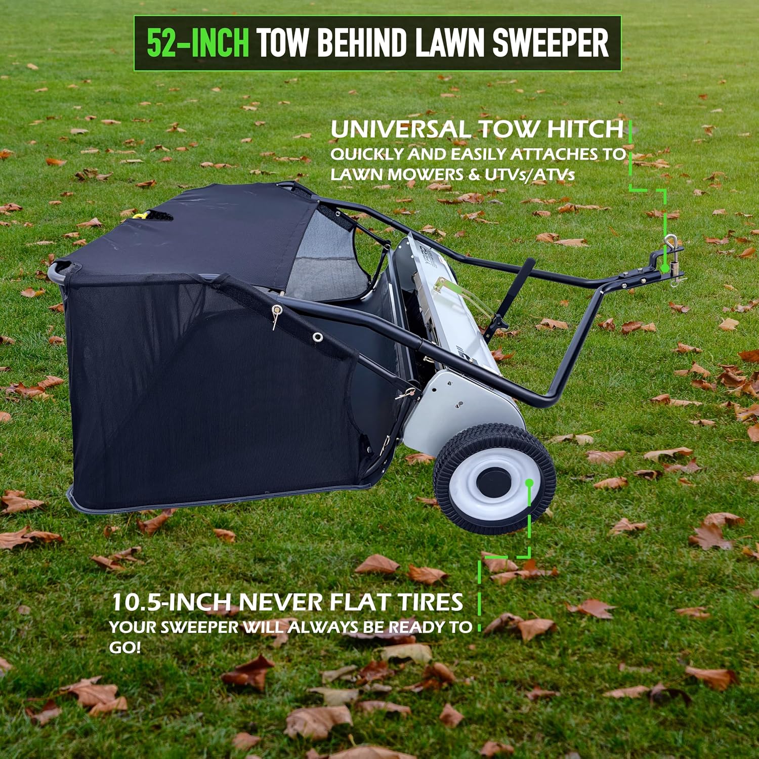 Yard Commander - 52-Inch Tow-Behind Lawn Sweeper, 10' Nylon Brushes, Universal Tractor/ATV Hitch, Never-Flat Wheels, Adjustable Height, 1-Year Warranty, Ideal for Leaves, Grass & Debris