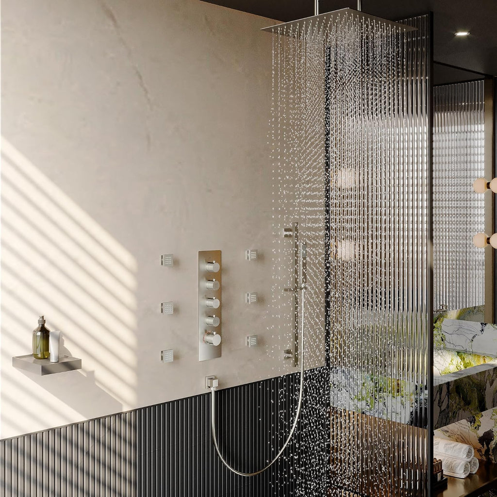 MONDAWE 16 Inch Thermostatic Shower System in Brushed Nickel, Ceiling Mounted Rain and Mist Shower Head with Handheld Spray and 6 Body Jets, High Pressure Bathroom Shower Faucet Set, Solid Brass Valve