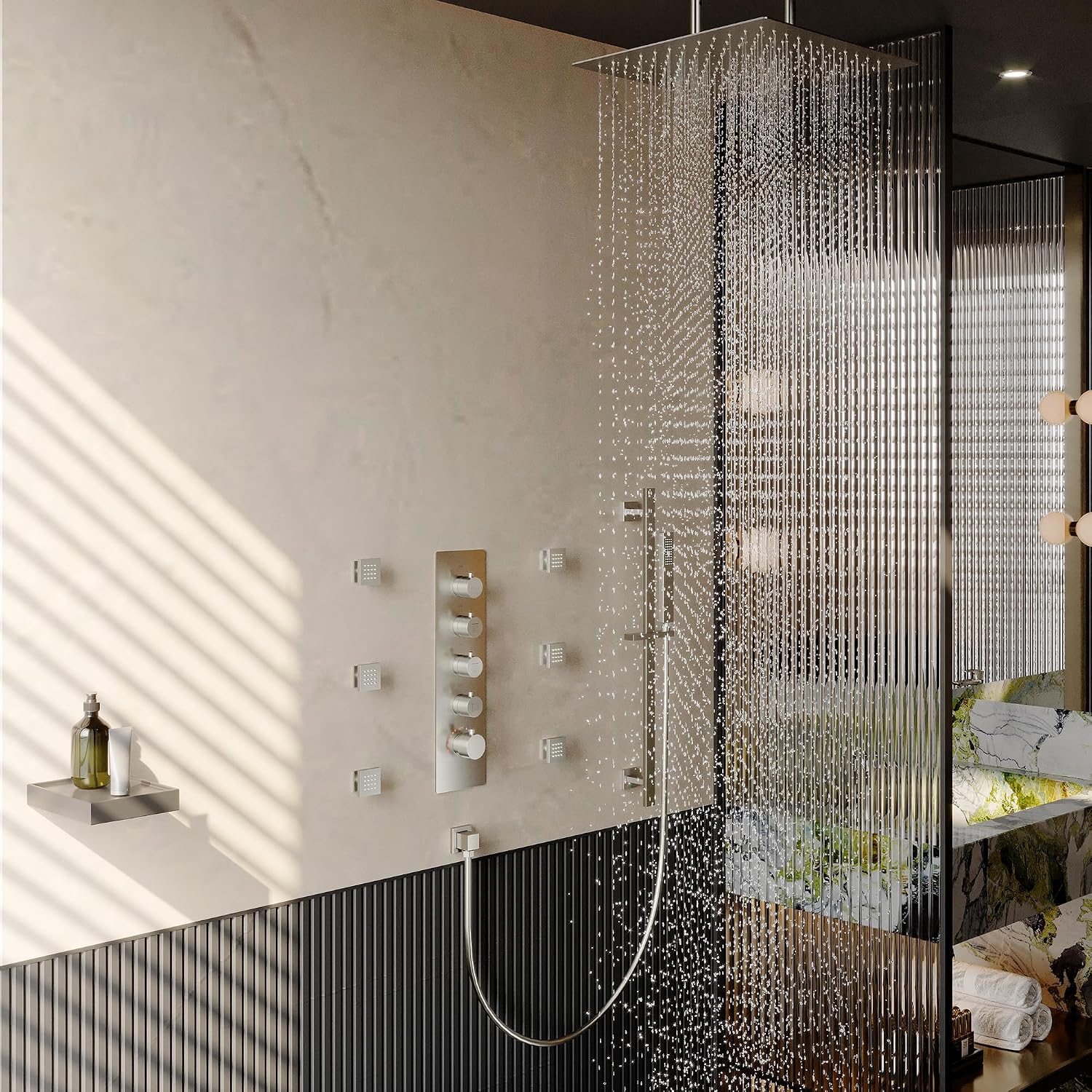 MONDAWE 16 Inch Thermostatic Shower System in Brushed Nickel, Ceiling Mounted Rain and Mist Shower Head with Handheld Spray and 6 Body Jets, High Pressure Bathroom Shower Faucet Set, Solid Brass Valve
