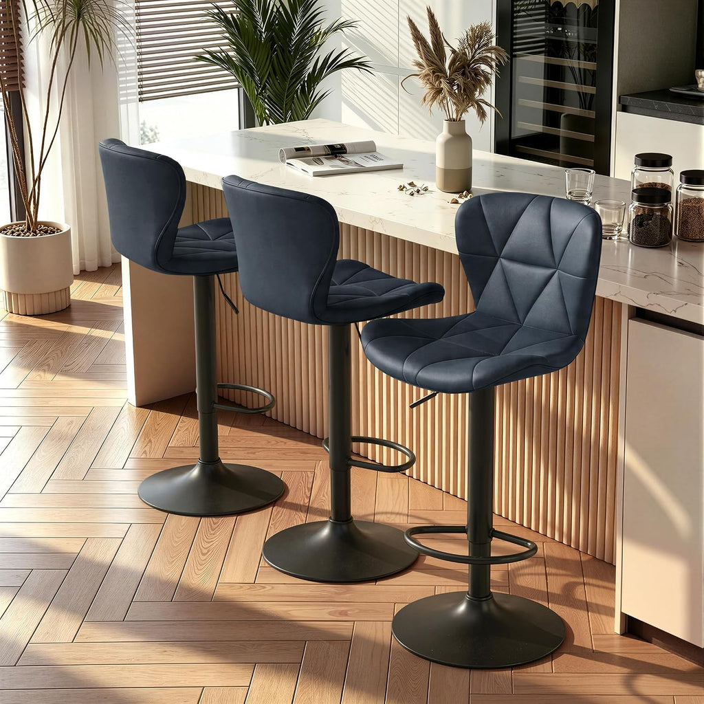 Nalupatio Modern Bar Stools Set of 3, Adjustable Faux Leather Upholstered Swivel Bar Stools, Counter Height Bar Chairs with Back for Kitchen Island, Dark Blue