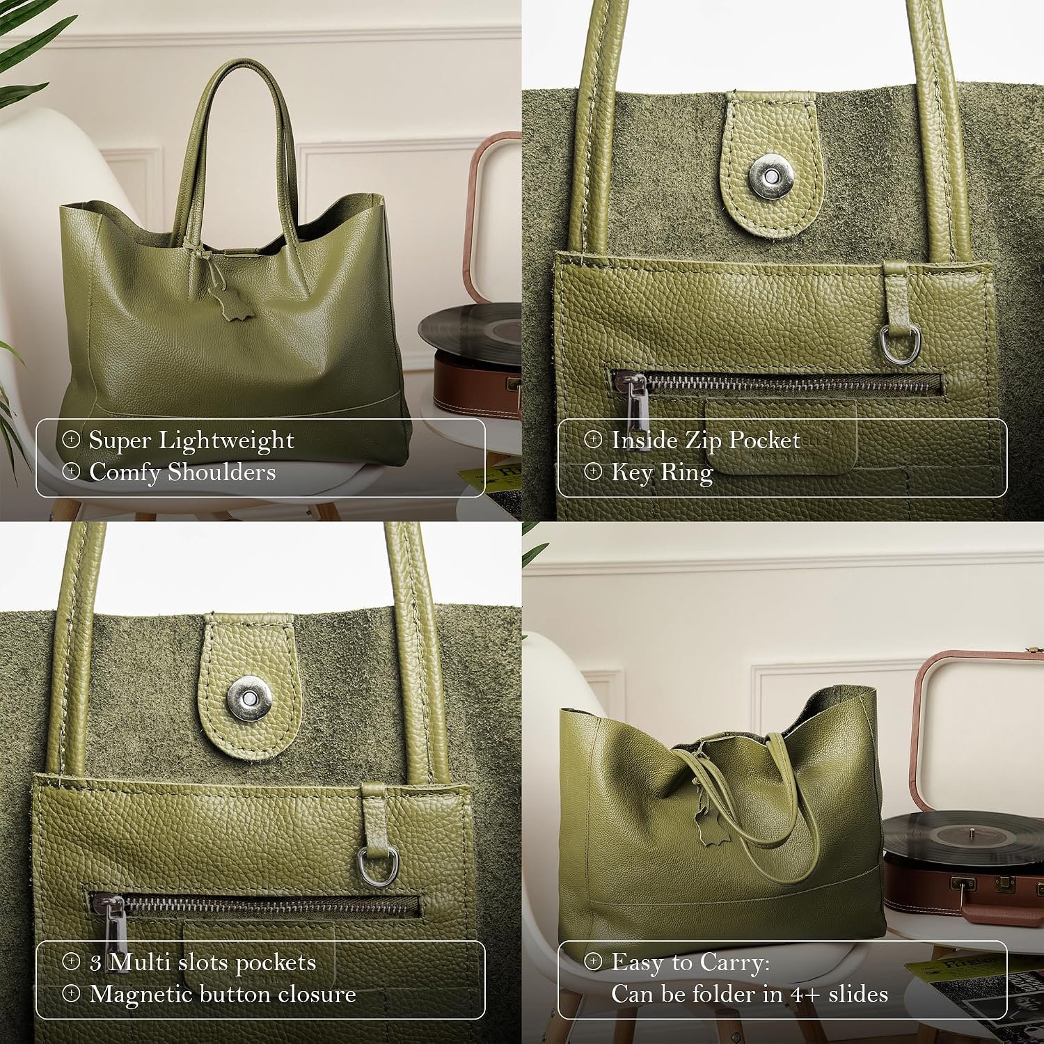 Italian Leather Tote Bag for Women - Large Shoulder Shopper, Fits 16' Laptop, Keychain Holder, Made in Italy