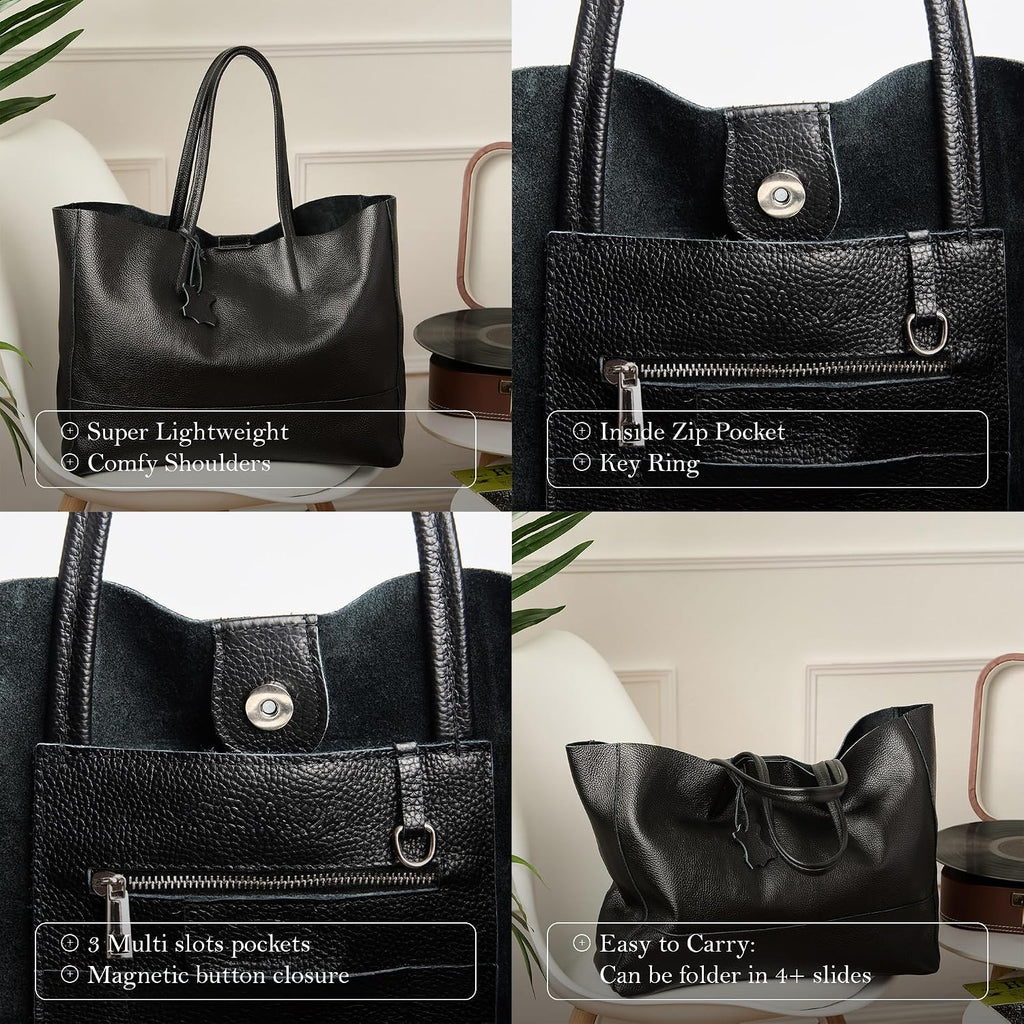 Italian Leather Tote Bag for Women - Large Shoulder Shopper, Fits 16' Laptop, Keychain Holder, Made in Italy