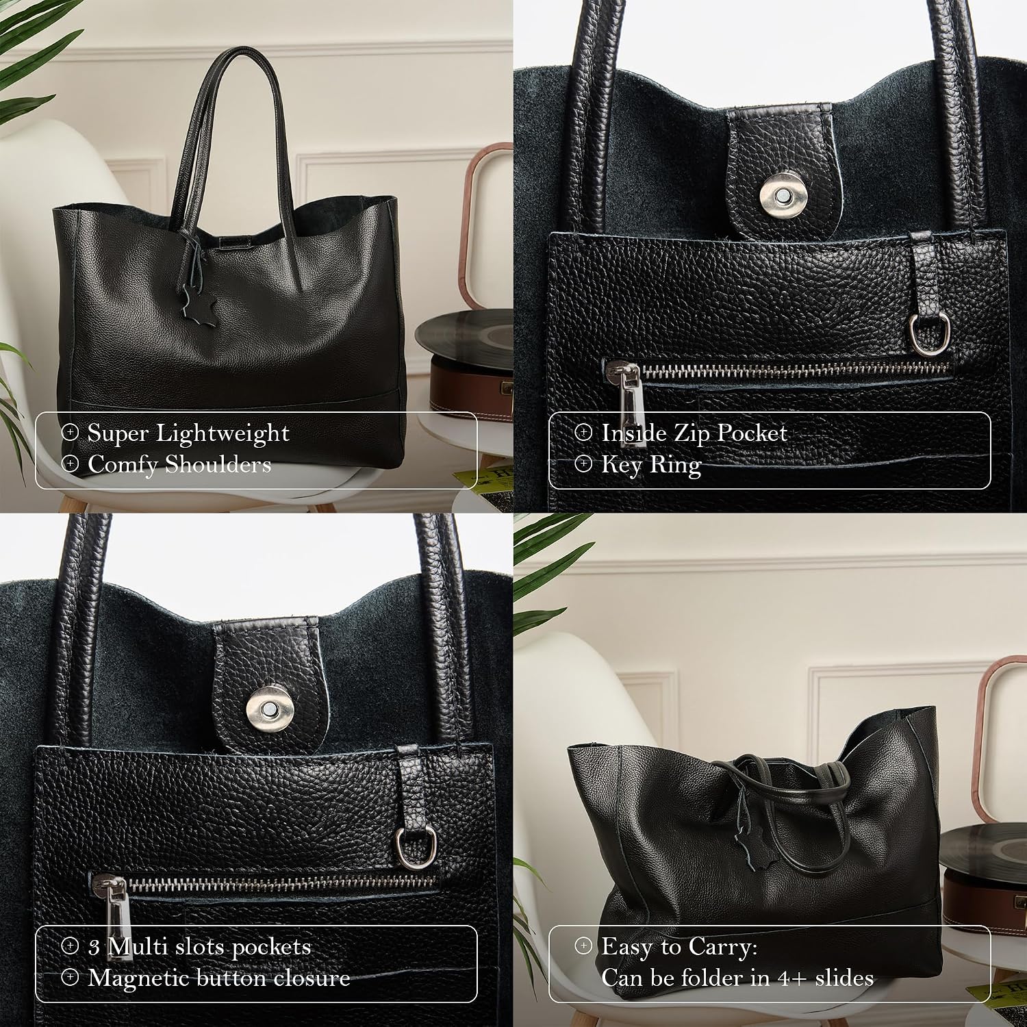 Italian Leather Tote Bag for Women - Large Shoulder Shopper, Fits 16' Laptop, Keychain Holder, Made in Italy