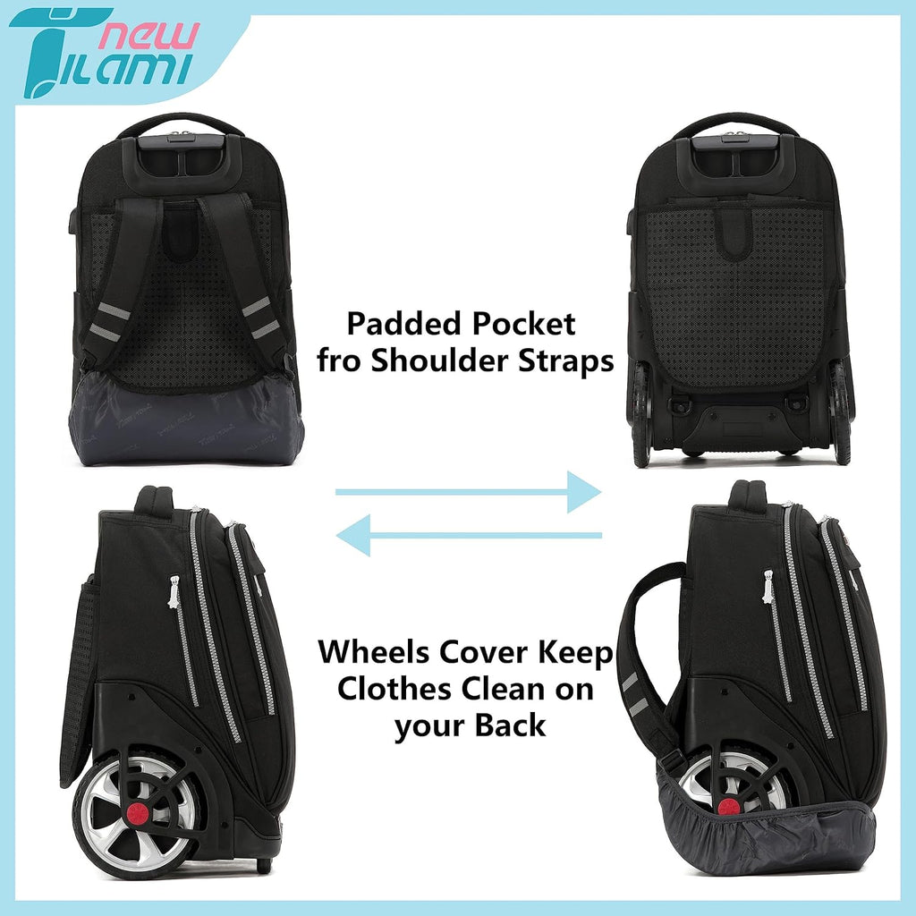 NEW TILAMI 19 inch Rolling Backpack Teens Rolling Backpack Cute Wheeled Laptop Backpack Bookbag Roller Travel Bag College, Black