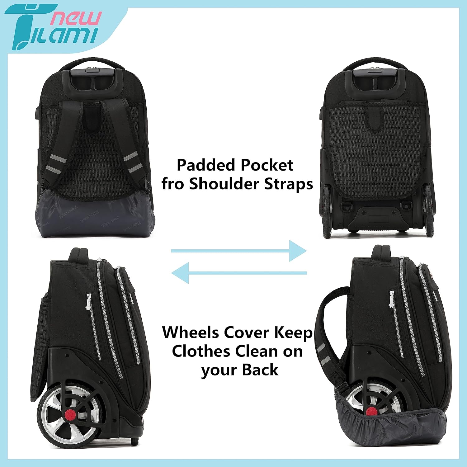 NEW TILAMI 19 inch Rolling Backpack Teens Rolling Backpack Cute Wheeled Laptop Backpack Bookbag Roller Travel Bag College, Black