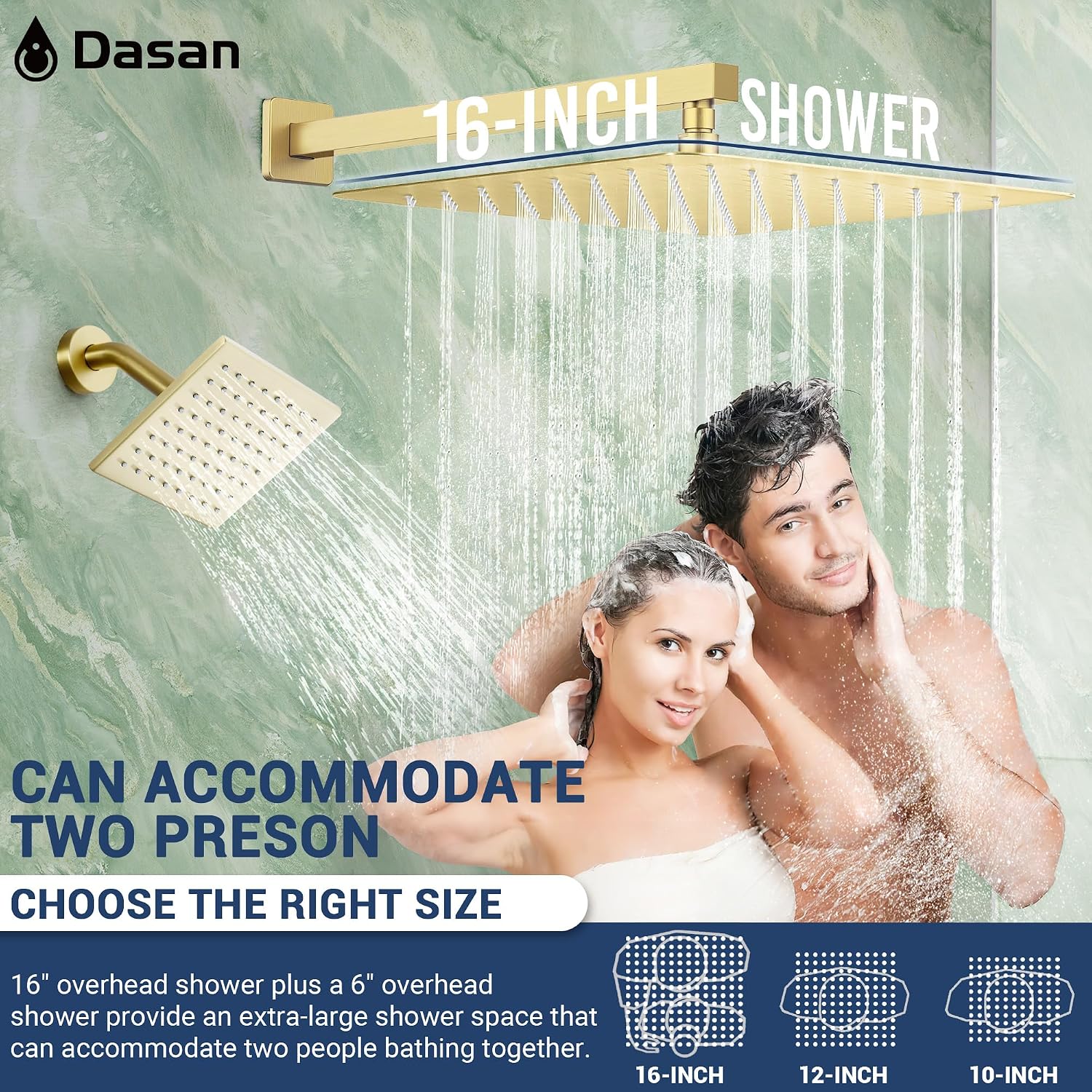 Dasan Thermostatic Dual Shower System with 6 Body Jets, 6-Inch Shower & 16' Rainfall Shower, Luxury Brushed Gold Shower Faucet Set Rain Shower System for Couples/ 2-Person