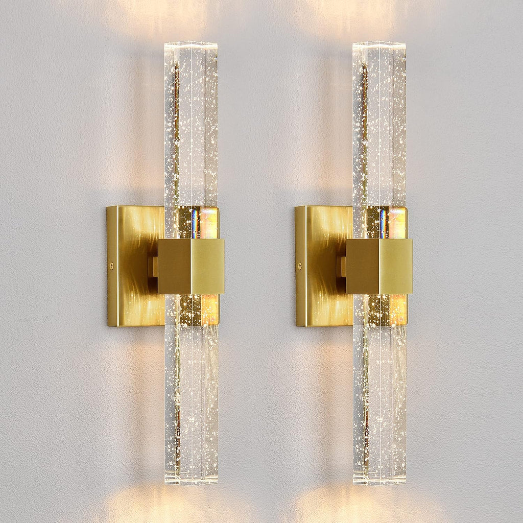 Epinl Gold Wall Sconces Set of Two - Bathroom Sconces Wall Lighting 14W Dimmable LED Crystal Wall Light with Bubble Glass 15.7inch Indoor Vanity Lights for Bathroom Hallway Bedroom (2 Pack)