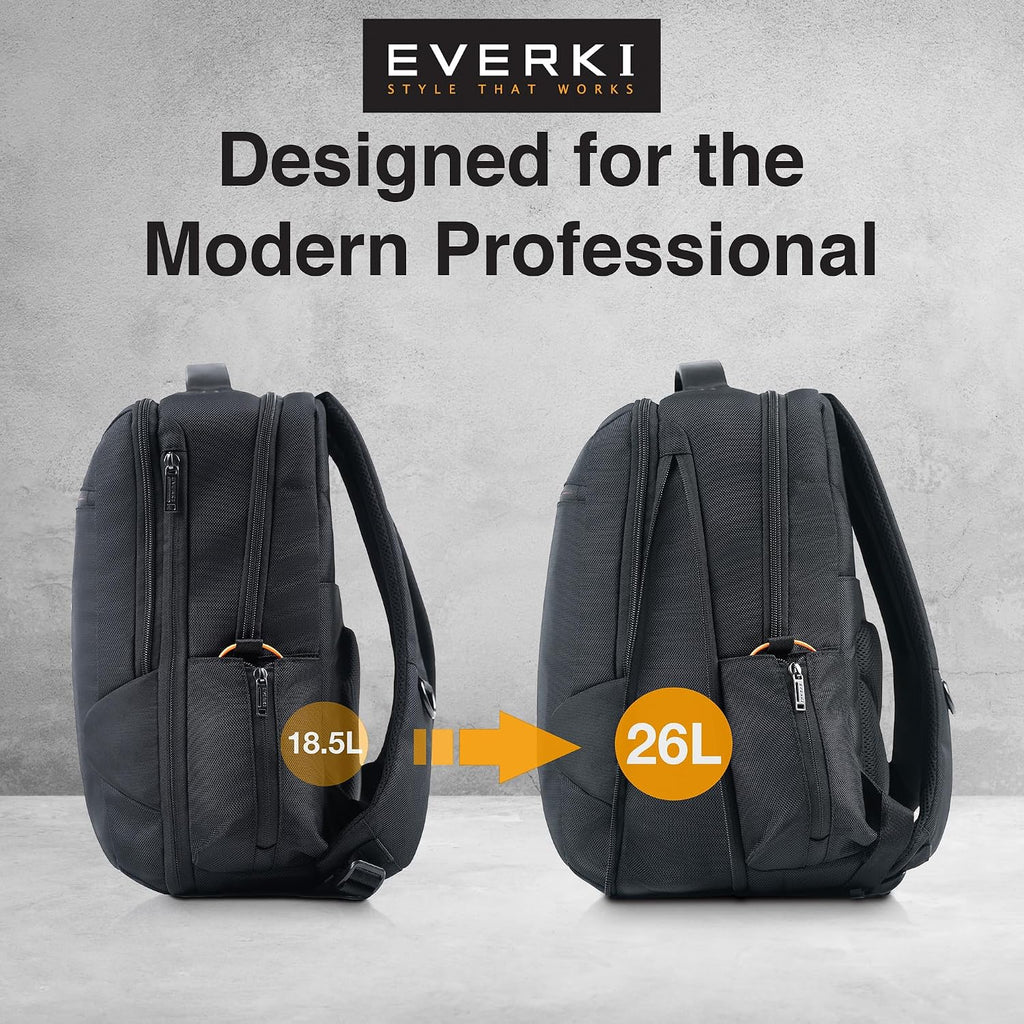 EVERKI Studio Expandable Laptop Backpack for Men & Women – Business and Travel Backpack, Carry-On Backpack for Office & Travel, Professional Backpack, 15-Inch MacBook & Laptop Bag, 26L Capacity, Black