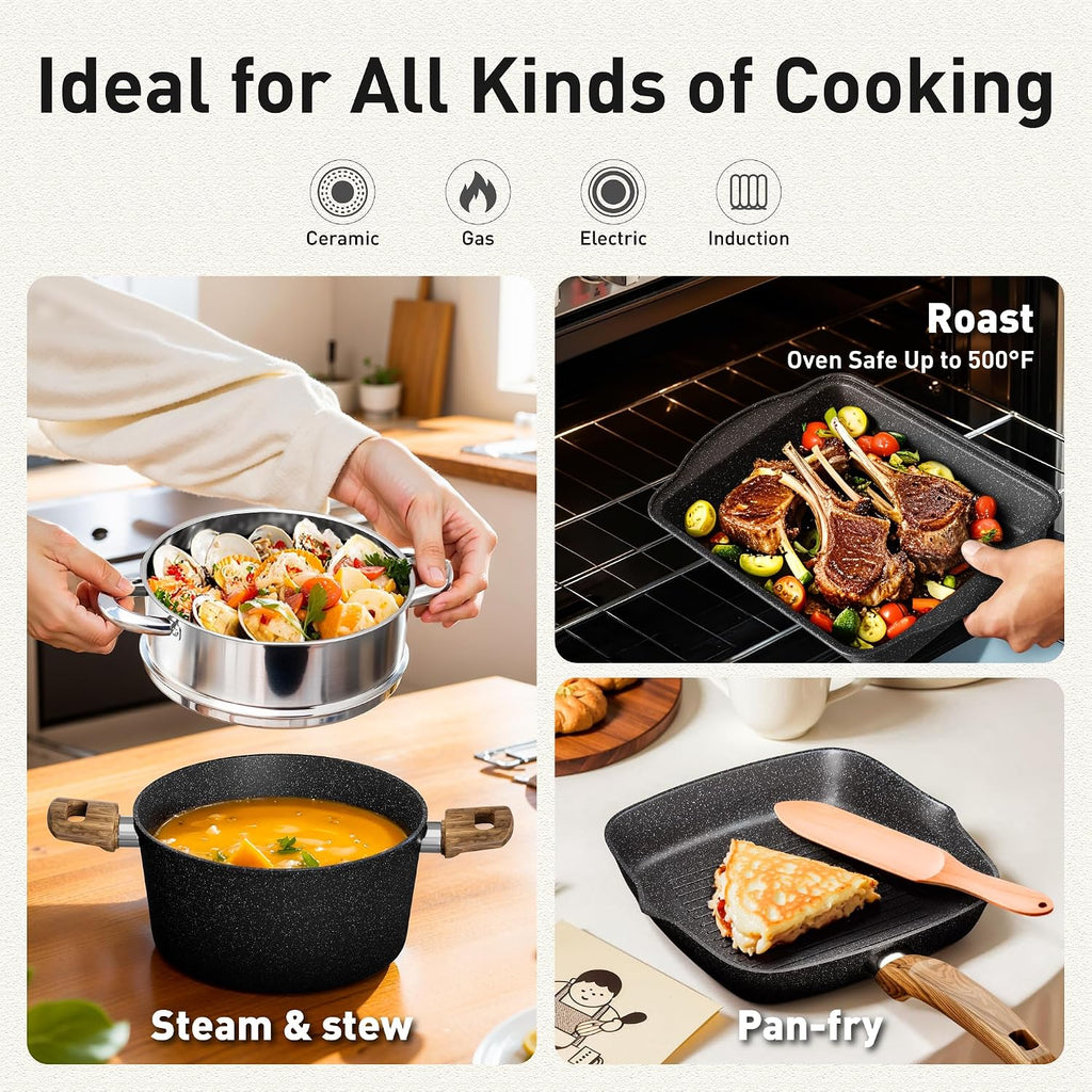 DishDelight Pots and Pans Set Non Stick, 17 Pieces Granite Kitchen Cookware Sets with Nonstick Granite Coating, Induction Cooking Set, Black
