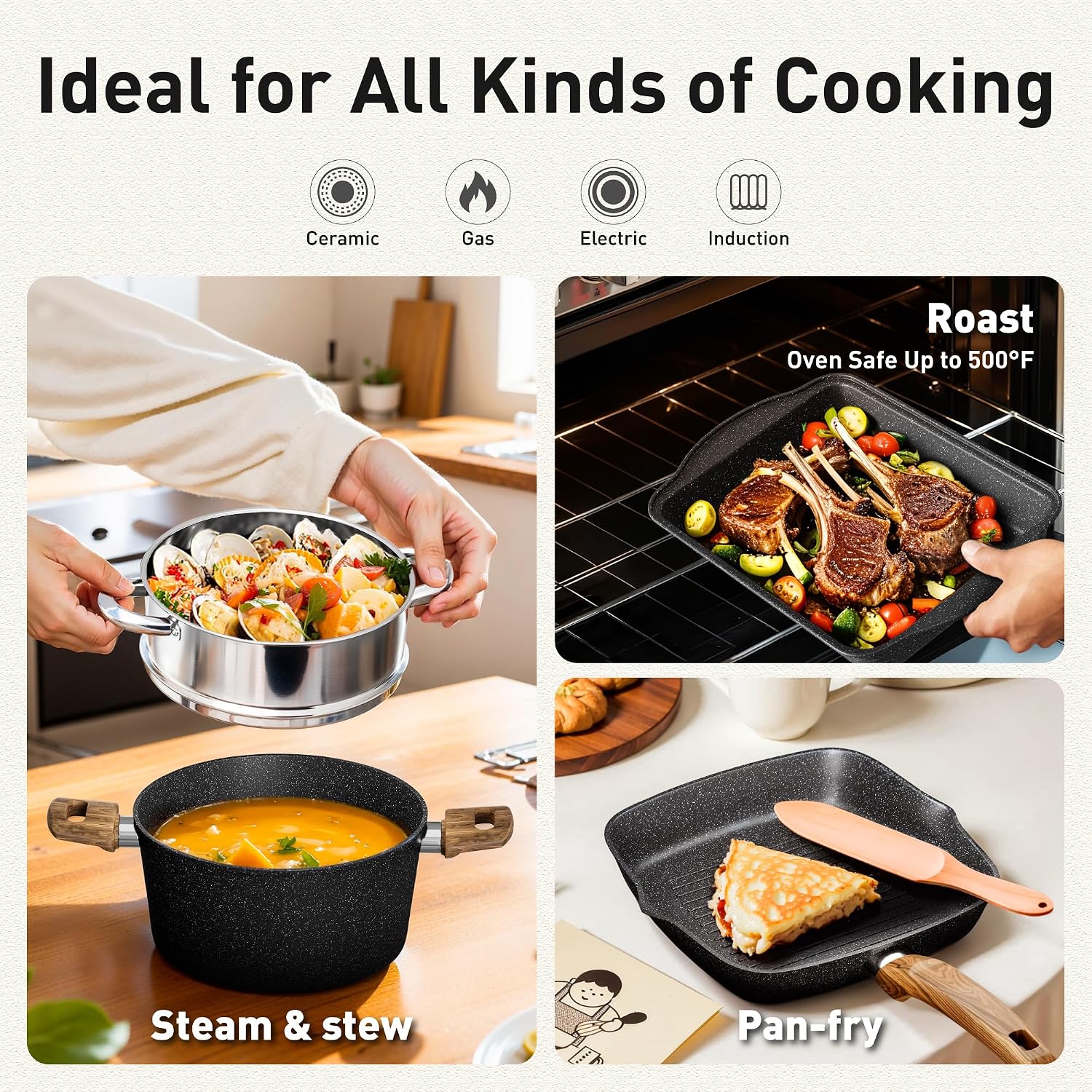 DishDelight Pots and Pans Set Non Stick, 17 Pieces Granite Kitchen Cookware Sets with Nonstick Granite Coating, Induction Cooking Set, Black