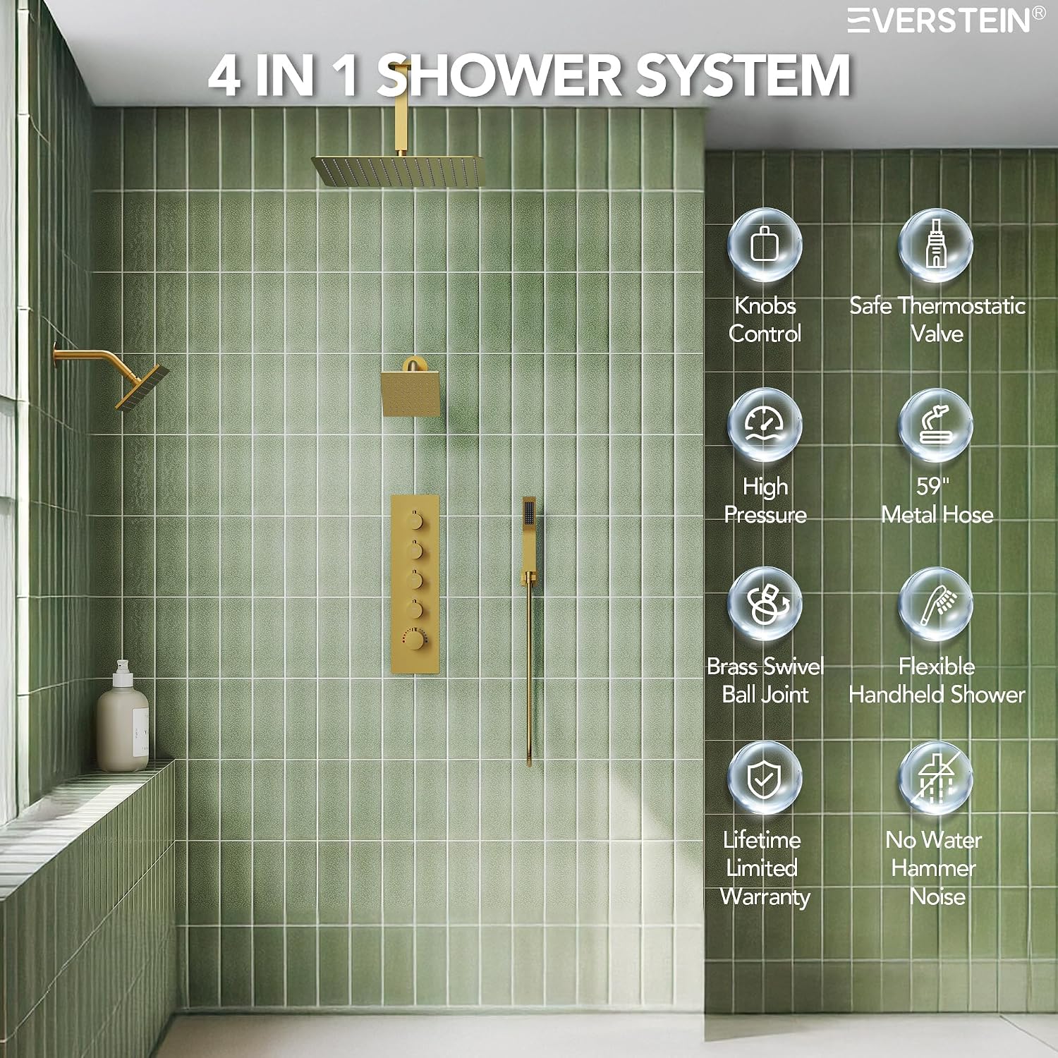 Thermostatic Shower system, 16, 6 in. Bathroom Shower Set Wall Mount Dual Shower Head Faucet in Brushed Gold