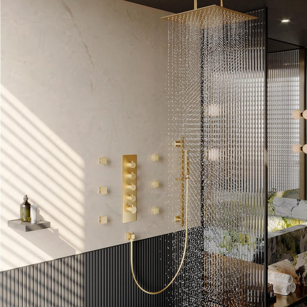 MONDAWE 16 Inch Thermostatic Shower System in Brushed Gold, Ceiling Mounted Rain and Mist Shower Head with Handheld Spray and 6 Body Jets, High Pressure Bathroom Shower Faucet Set, Solid Brass Valve