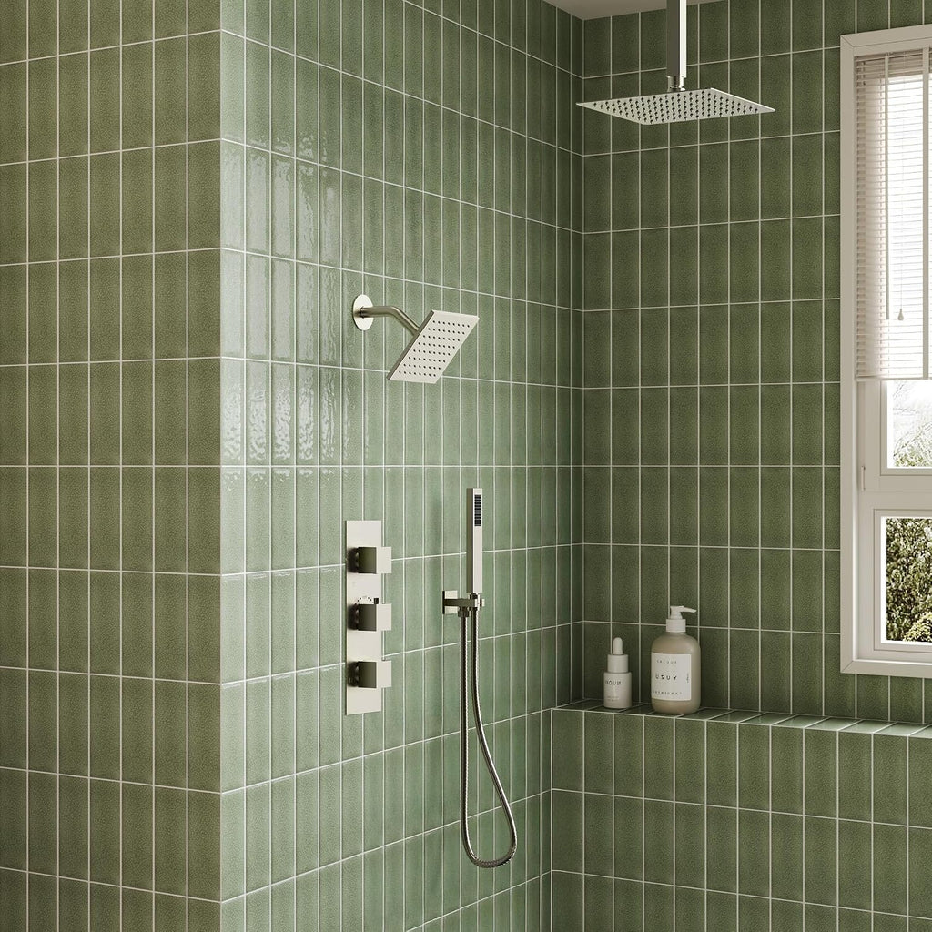12' Ceiling Mount Dual Rainfall Shower Head System with Handheld Spray, Bathroom Shower Set with Valve (Brushed Nickel)