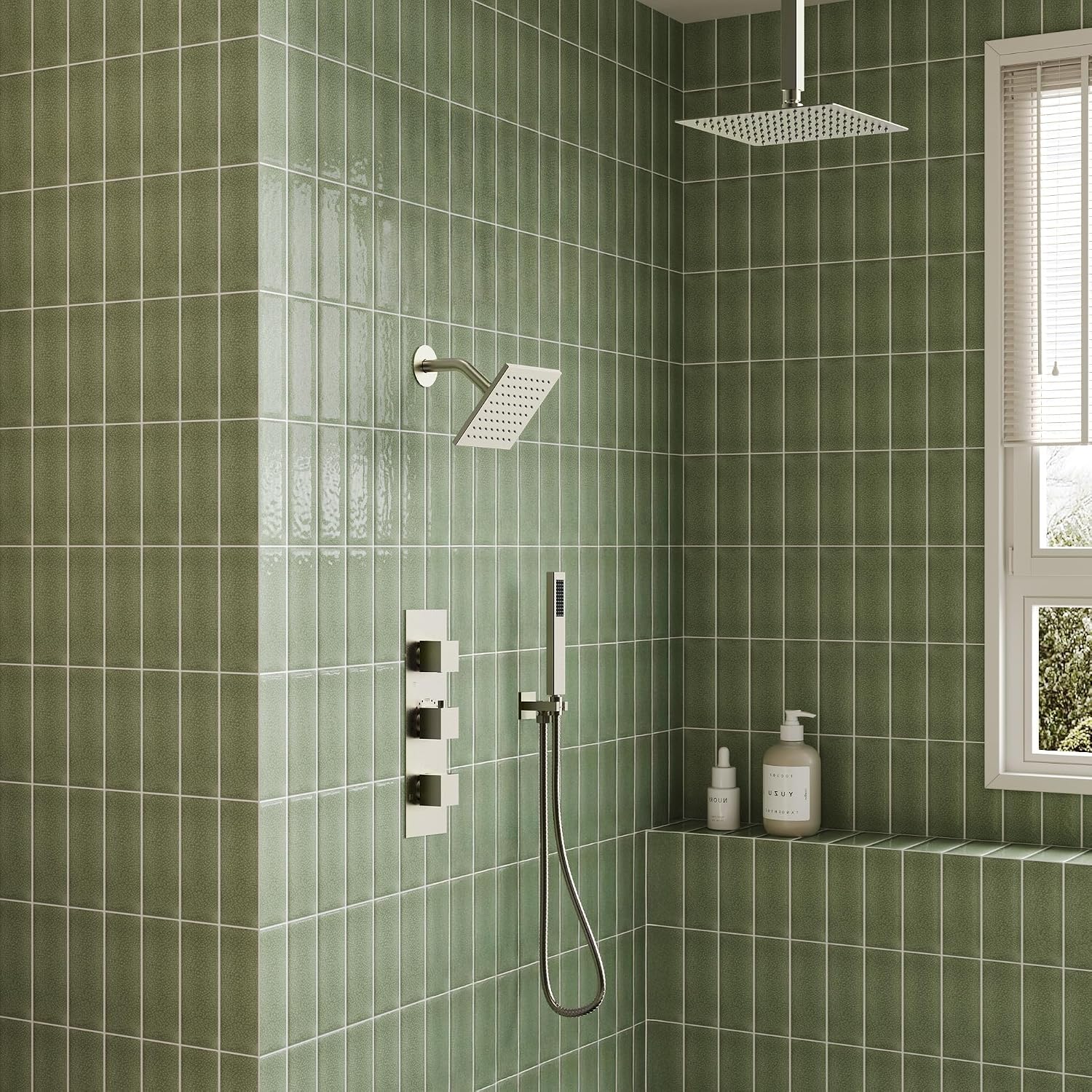 12' Ceiling Mount Dual Rainfall Shower Head System with Handheld Spray, Bathroom Shower Set with Valve (Brushed Nickel)