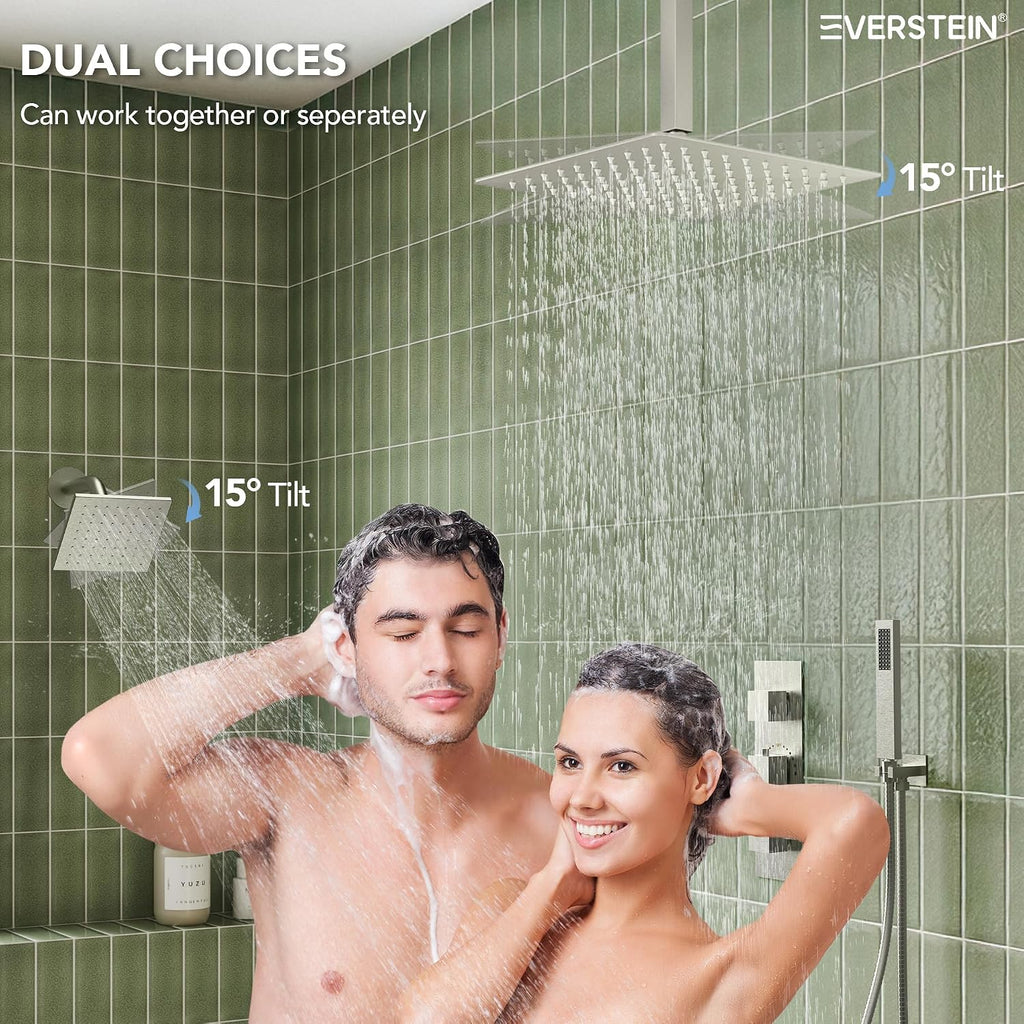 12' Ceiling Mount Dual Rainfall Shower Head System with Handheld Spray, Bathroom Shower Set with Valve (Brushed Nickel)