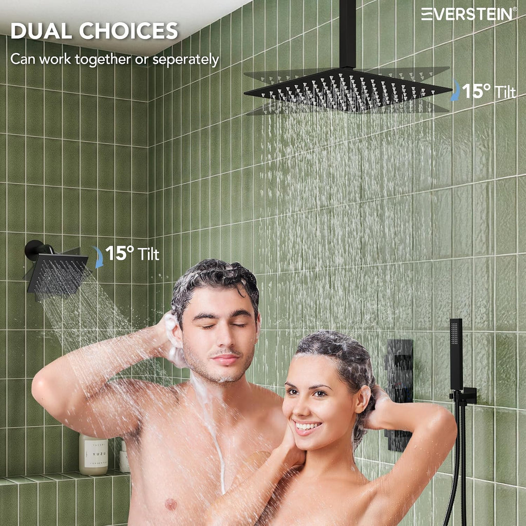 12' Ceiling Mount Dual Rainfall Shower Head System with Handheld Spray, Bathroom Shower Set with Valve (Matte Black)
