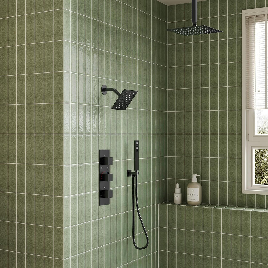 12' Ceiling Mount Dual Rainfall Shower Head System with Handheld Spray, Bathroom Shower Set with Valve (Matte Black)