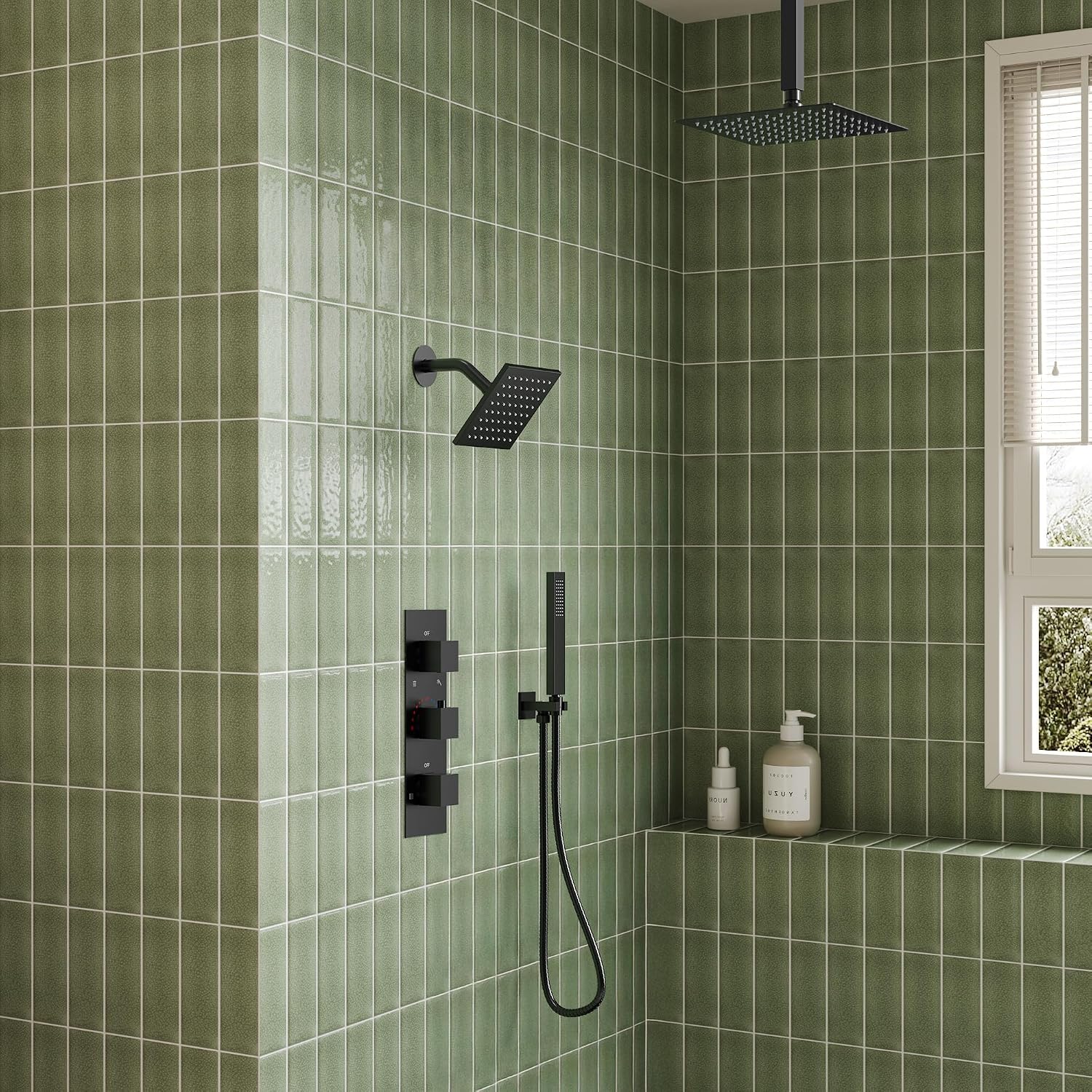 12' Ceiling Mount Dual Rainfall Shower Head System with Handheld Spray, Bathroom Shower Set with Valve (Matte Black)