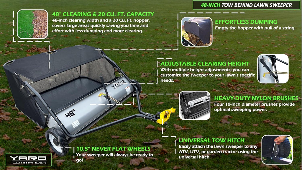 Yard Commander - 48-Inch Tow-Behind Lawn Sweeper, 10' Nylon Brushes, Universal Tractor/ATV Hitch, Never-Flat Wheels, Adjustable Height, 1-Year Warranty, Ideal for Leaves, Grass & Debris