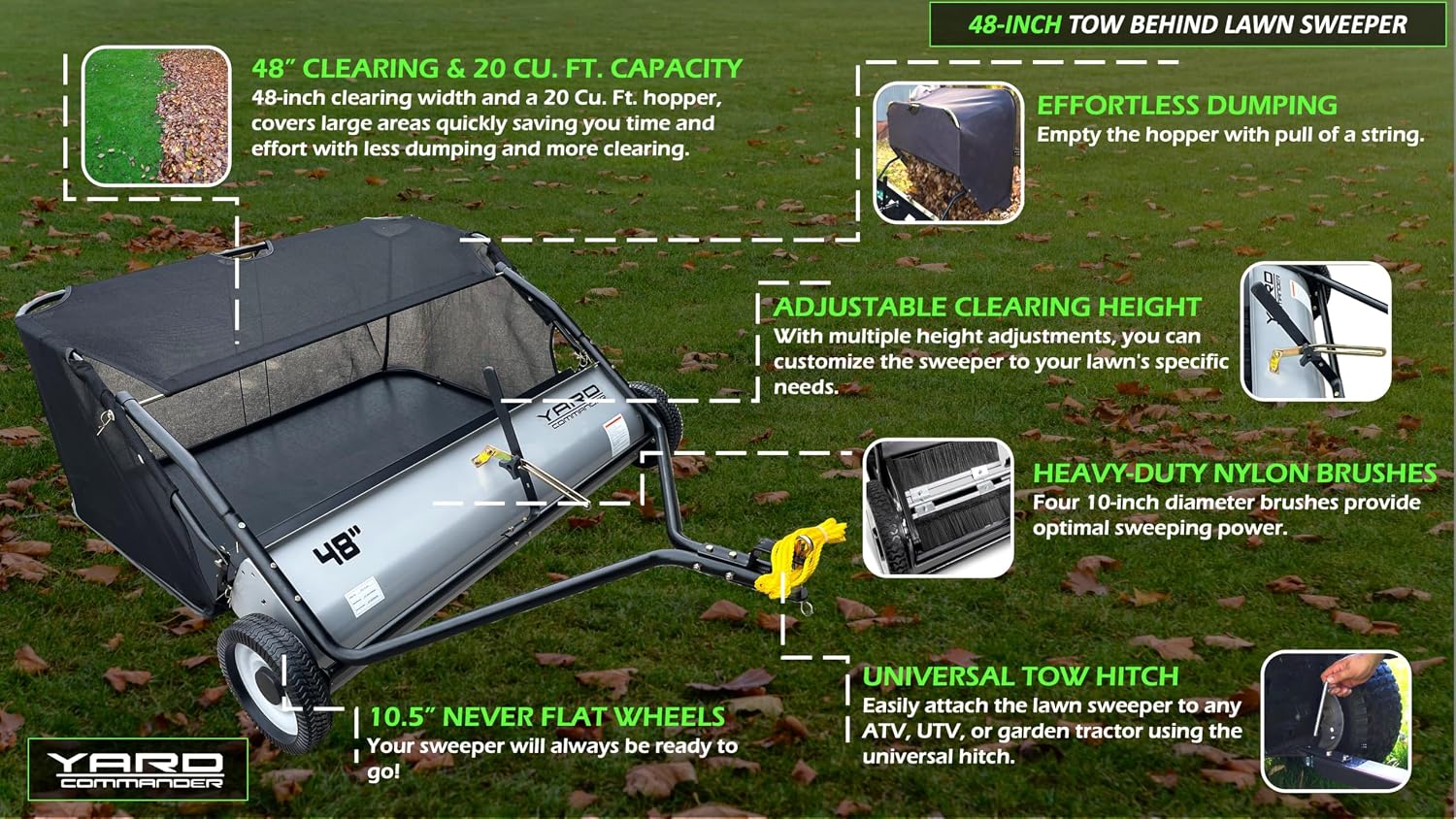 Yard Commander - 48-Inch Tow-Behind Lawn Sweeper, 10' Nylon Brushes, Universal Tractor/ATV Hitch, Never-Flat Wheels, Adjustable Height, 1-Year Warranty, Ideal for Leaves, Grass & Debris