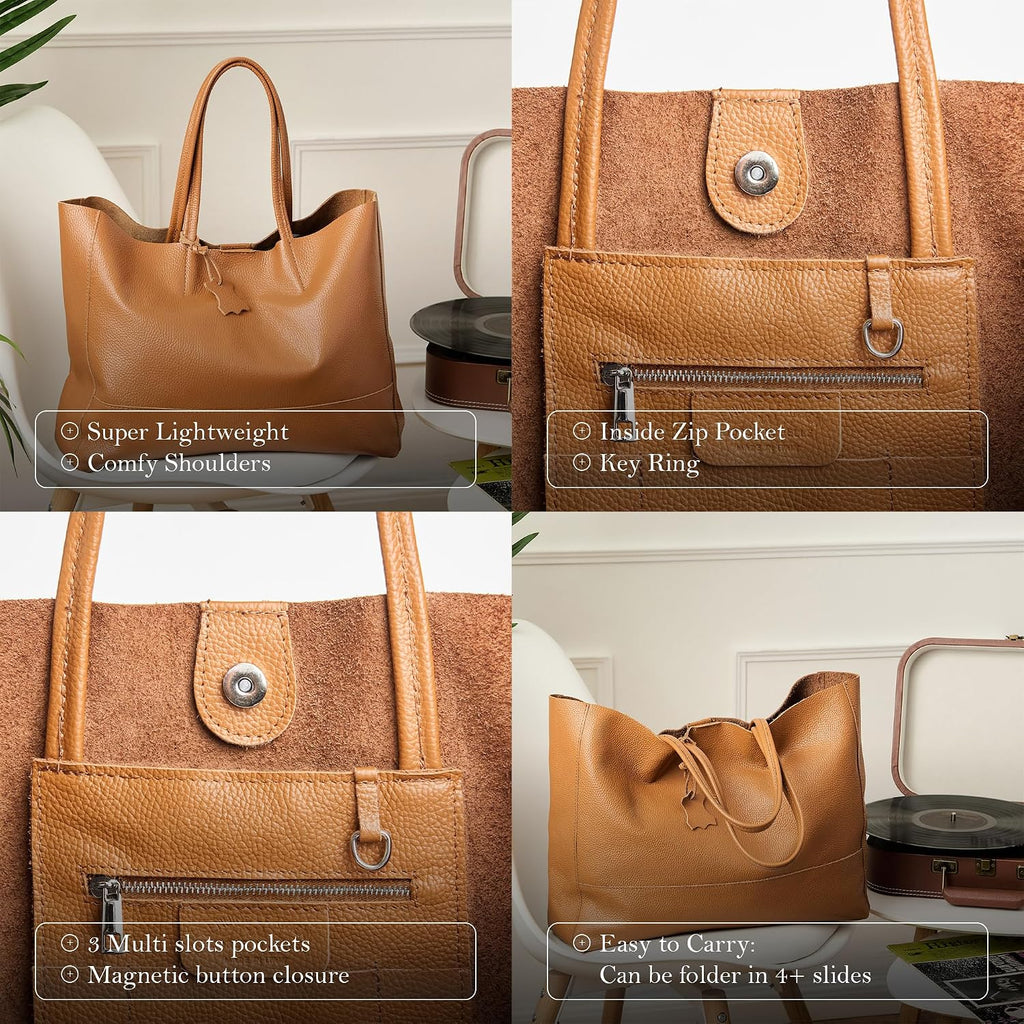 Italian Leather Tote Bag for Women - Large Shoulder Shopper, Fits 16' Laptop, Keychain Holder, Made in Italy