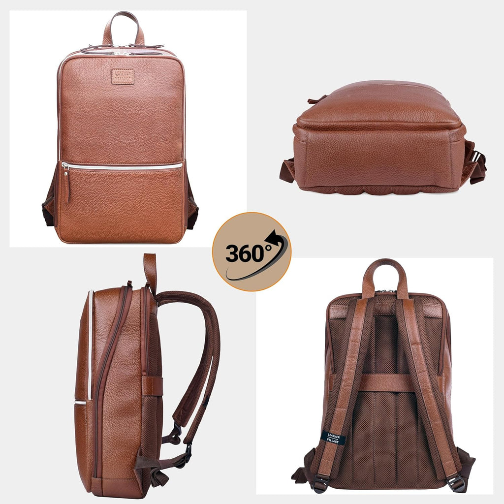 LEATHER VILLAGE Leather Laptop Backpack for Men | Cognac Brown | Slim Professional Business Bag Fits 15.6'-Laptop | Water-Repellent Work & Travel Daypack with Trolley Strap